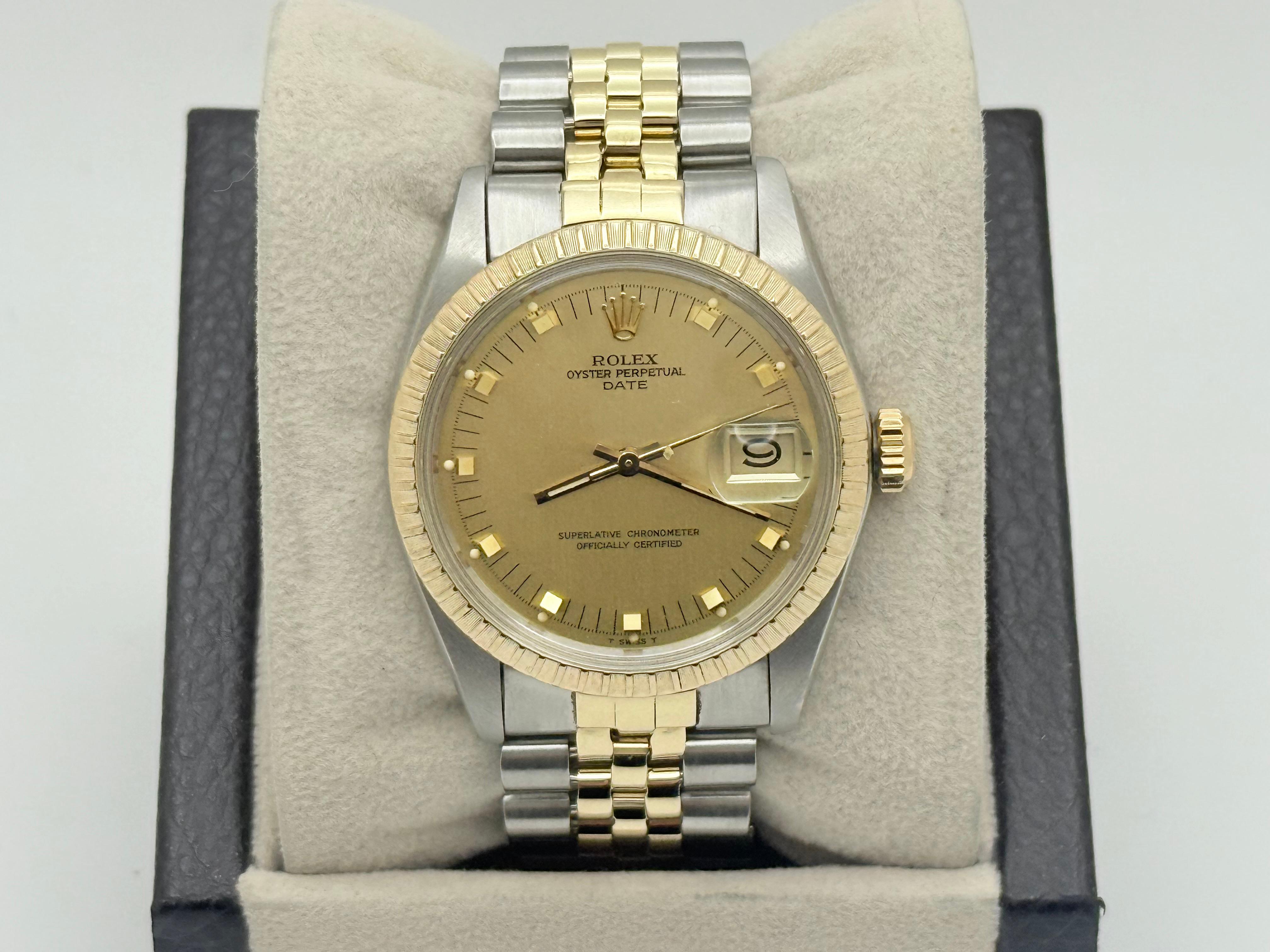 Style Number: 1505

Serial: 669****

Year: 1981

Model: Rolex Date

Case Material: Stainless Steel

Band: 14k Yellow Gold & Stainless Steel Jubilee

Bezel: 14k Yellow Gold Fluted

Dial: Champagne Dial

Crystal: Acrylic

Case Size: 34mm

Includes: