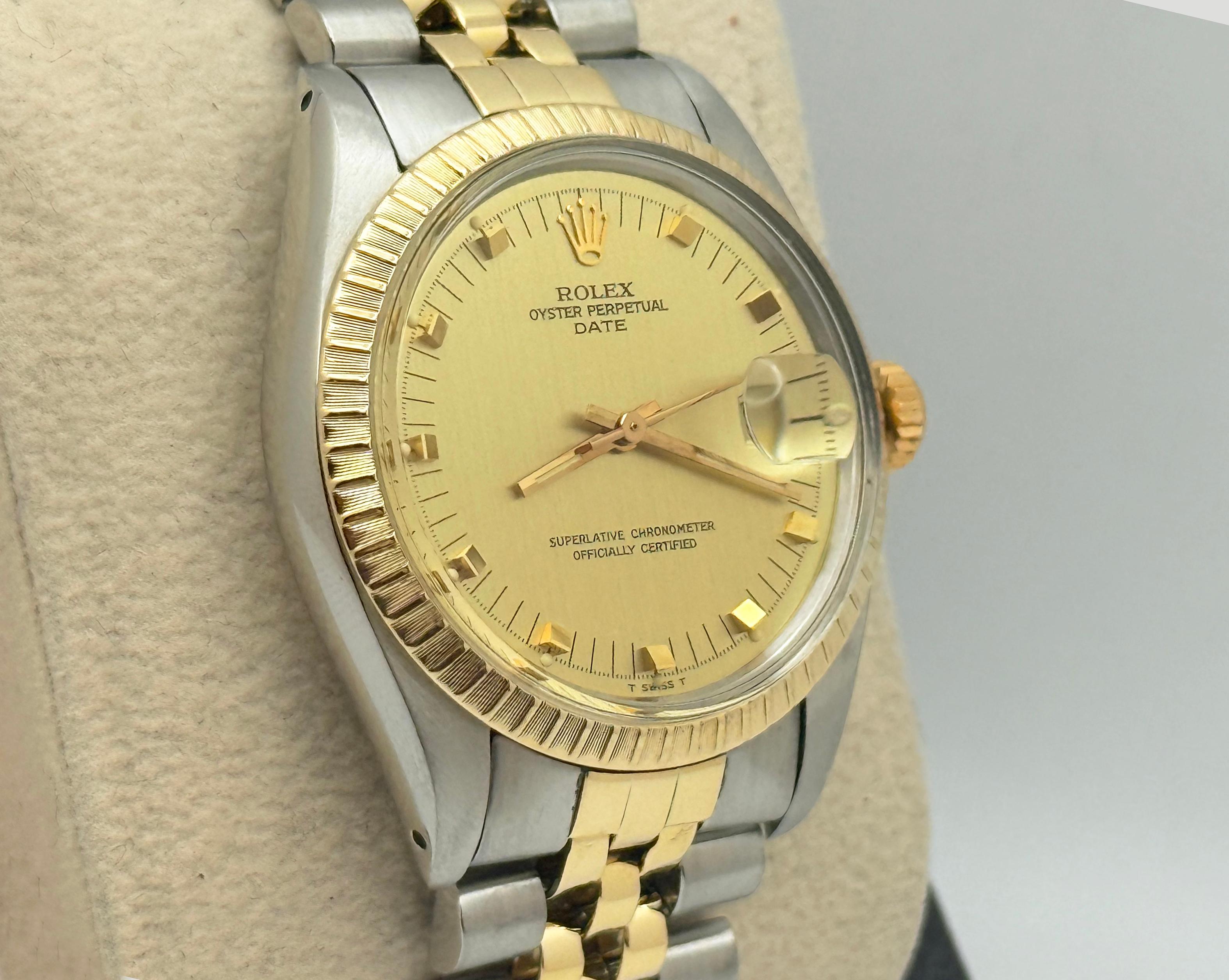 Rolex Date 1505 Champagne Dial 14k Yellow Gold Steel 34mm Service Card In Excellent Condition For Sale In San Diego, CA