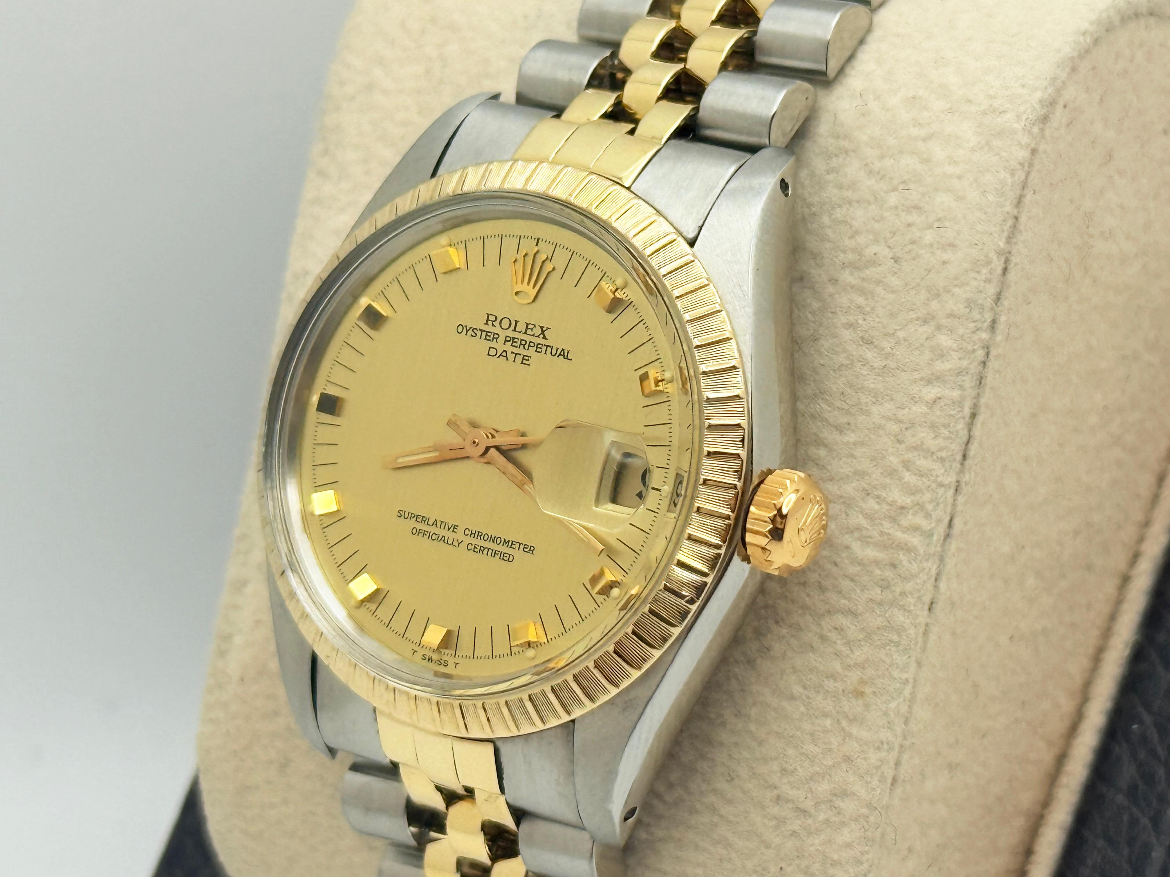 Men's Rolex Date 1505 Champagne Dial 14k Yellow Gold Steel 34mm Service Card For Sale