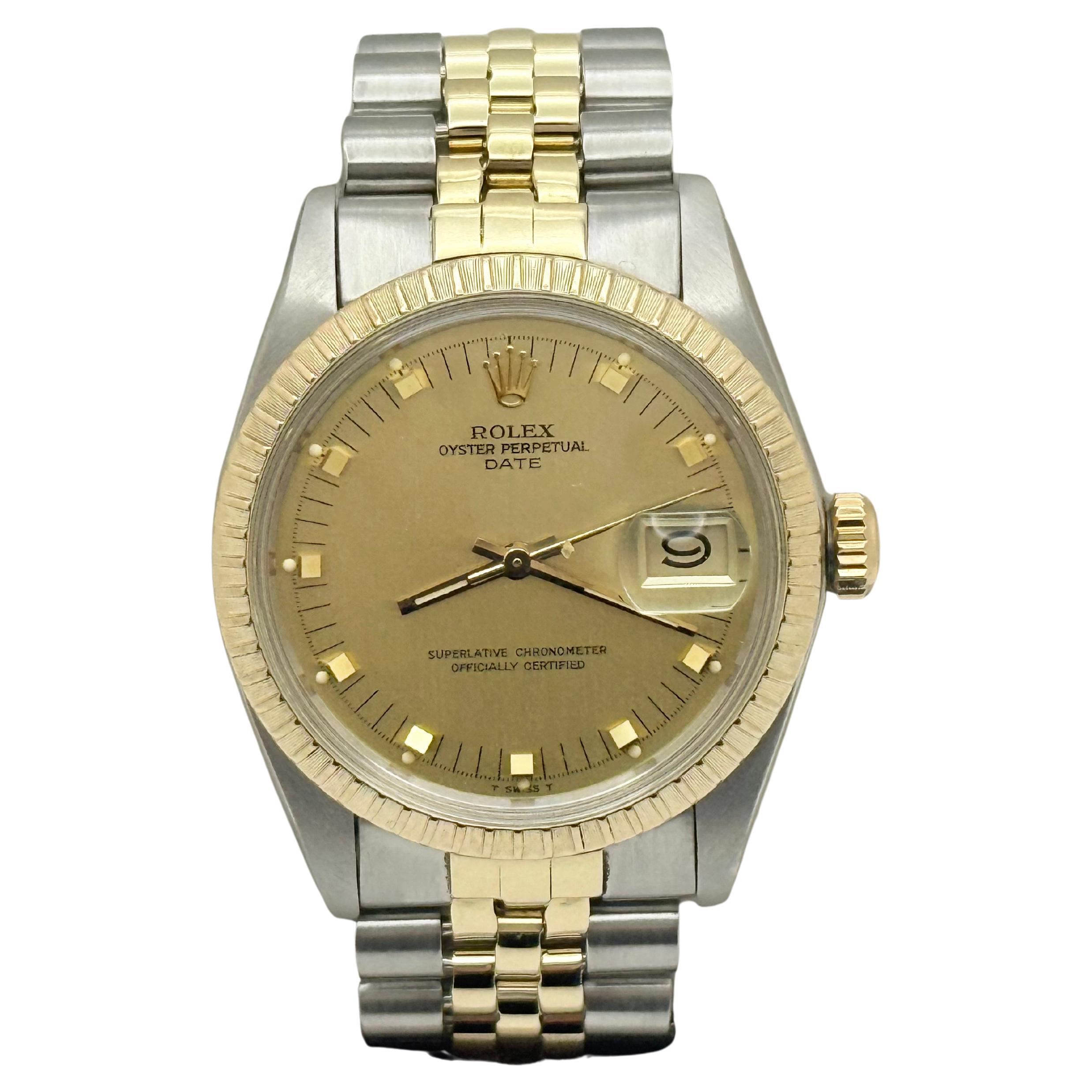 Rolex Date 1505 Champagne Dial 14k Yellow Gold Steel 34mm Service Card For Sale