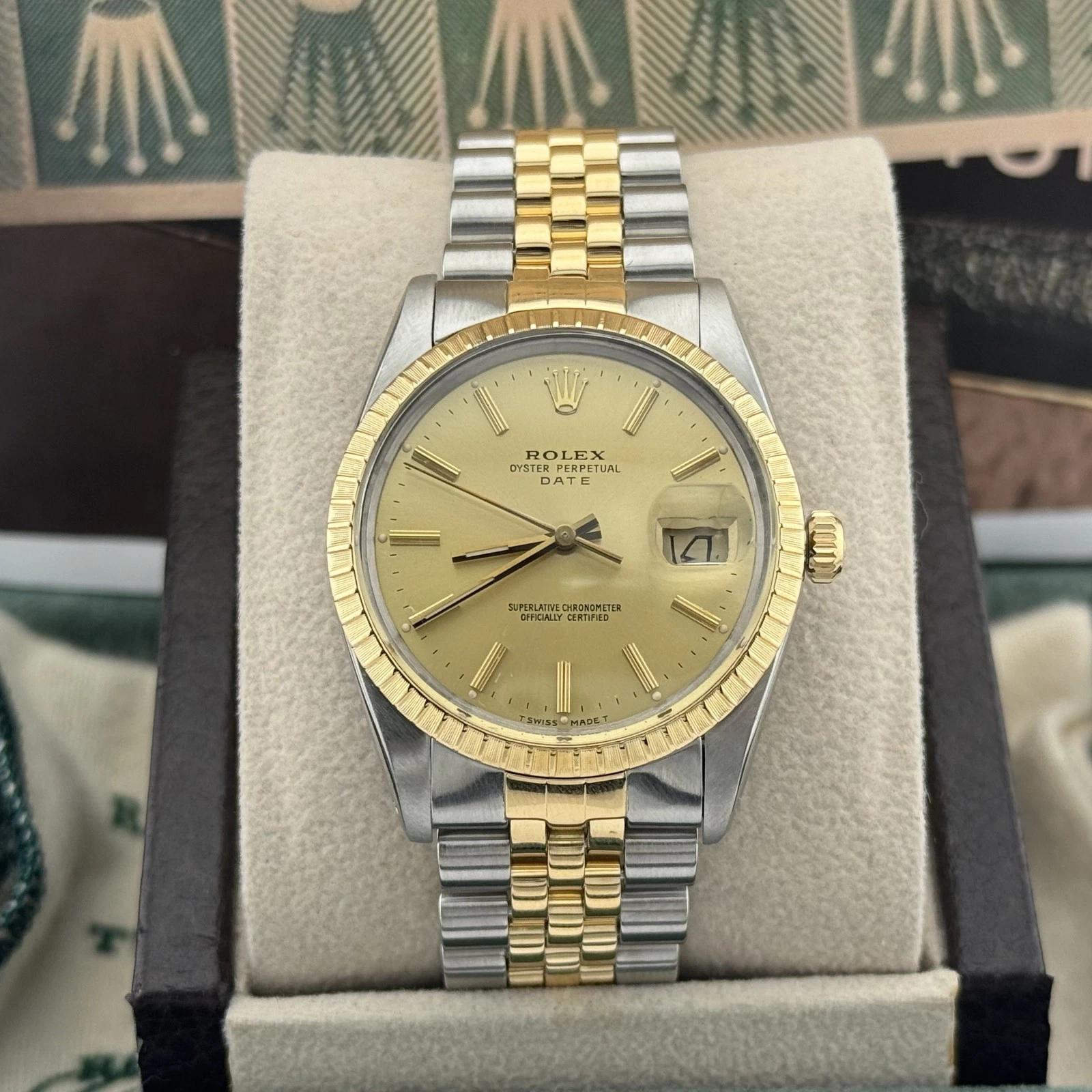 Rolex Date 15053 34mm Champagne Dial 18K Yellow Gold Steel Box & Copy Of Papers Excellent état - En vente à San Diego, CA
