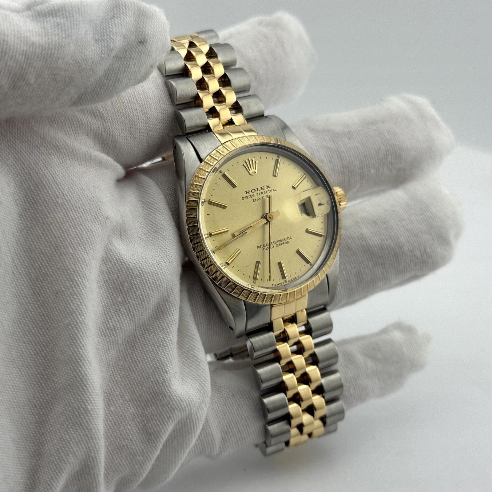 Rolex Date 15053 34mm Champagne Dial 18K Yellow Gold Steel Box & Copy Of Papers Pour hommes en vente