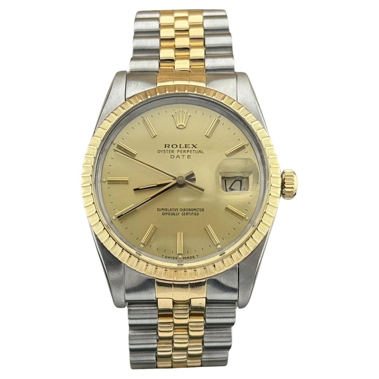 Rolex Date 15053 34mm Champagne Dial 18K Yellow Gold Steel Box & Copy Of Papers en vente