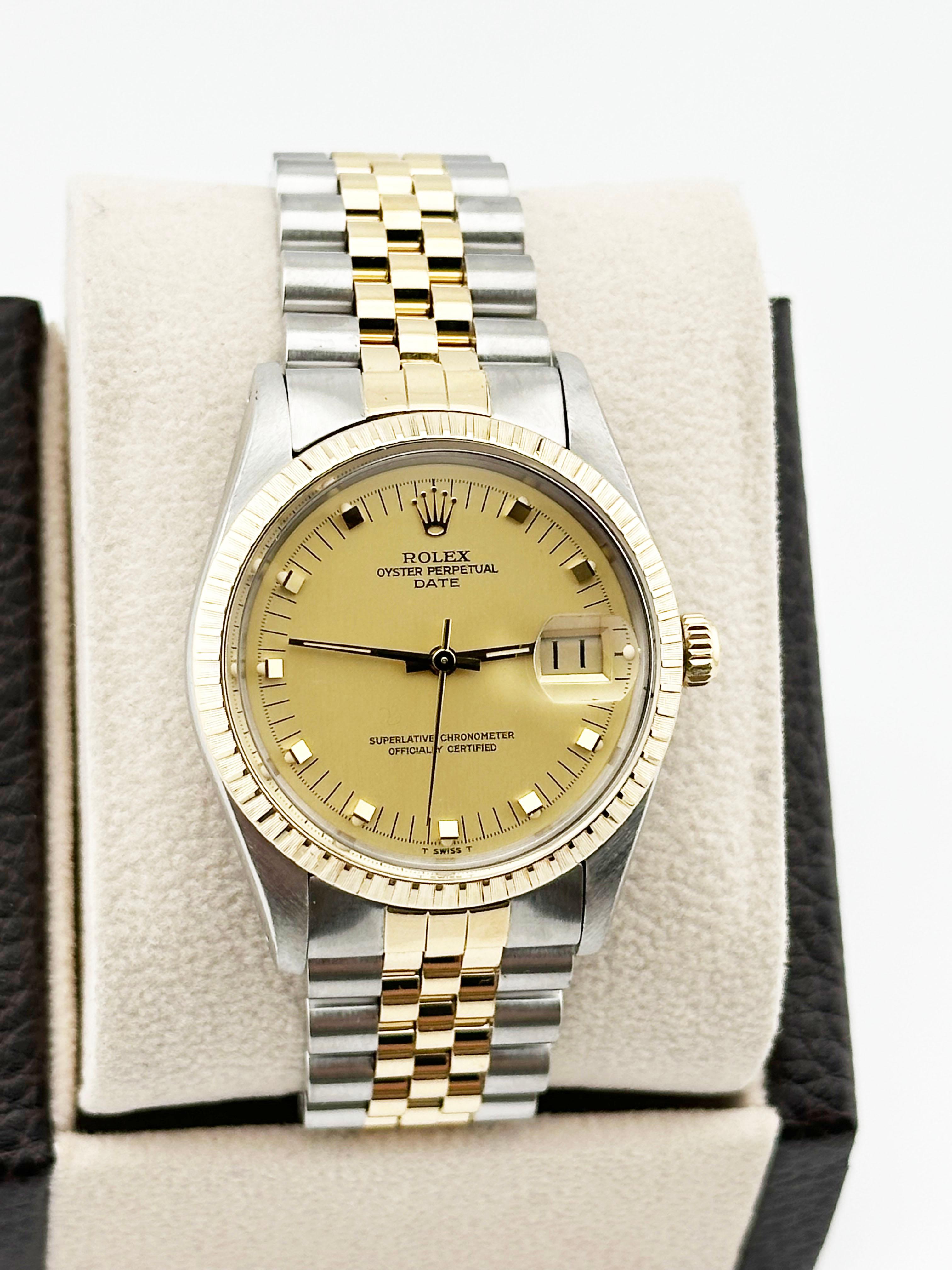 Style Number: 15053



Serial: 7212***



Year: 1982

 

Model: Rolex Date

 

Case Material: Stainless Steel

 

Band: 18K Yellow Gold & Stainless Steel

  

Bezel: 18K Yellow Gold

  

Dial: Champagne Gold Peg Dial

 

Face: Acrylic

 

Case Size: