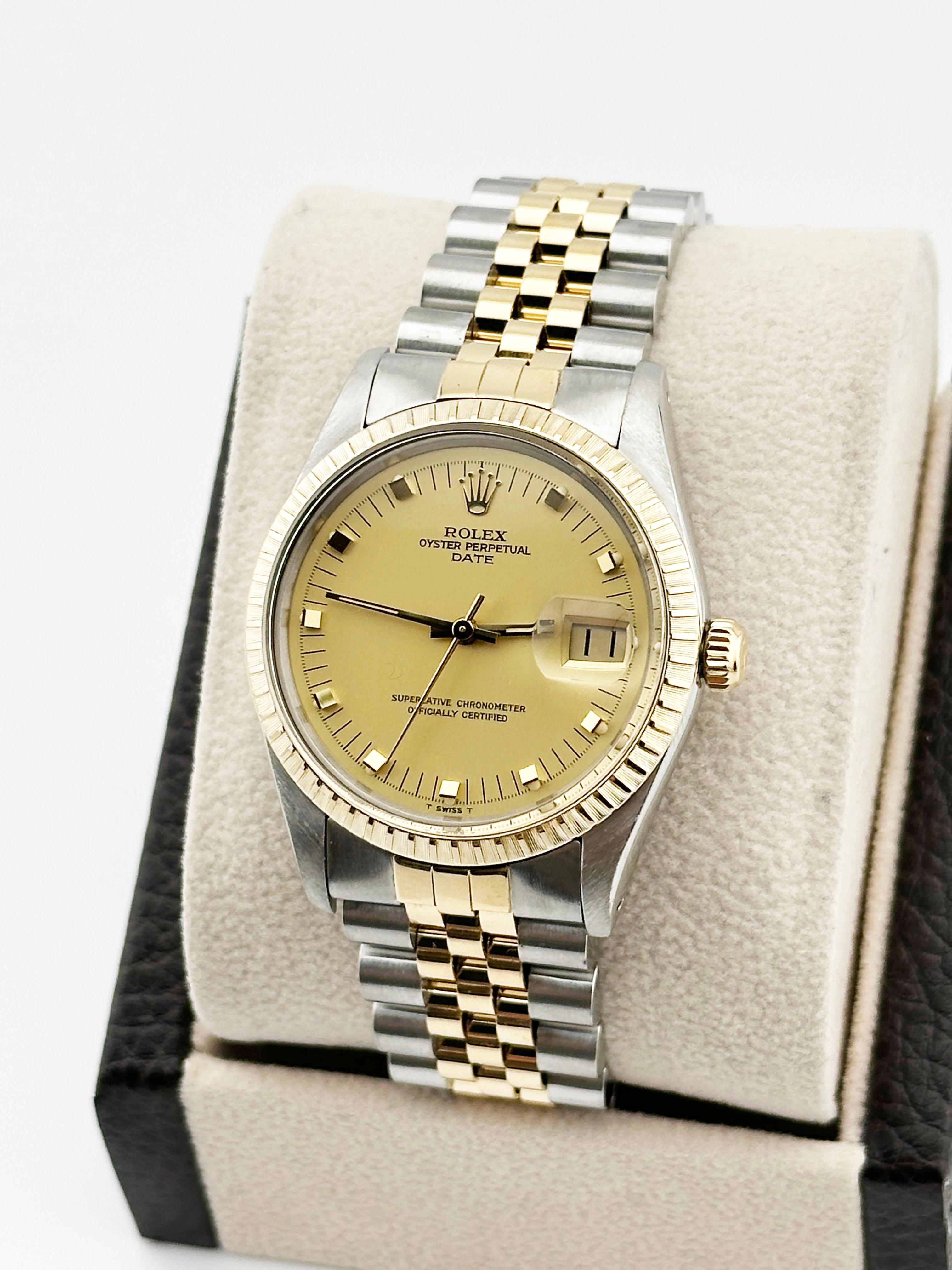 Rolex Date 15053 Champagne Gold Peg Dial 18K Yellow Gold Stainless Steel In Excellent Condition For Sale In San Diego, CA