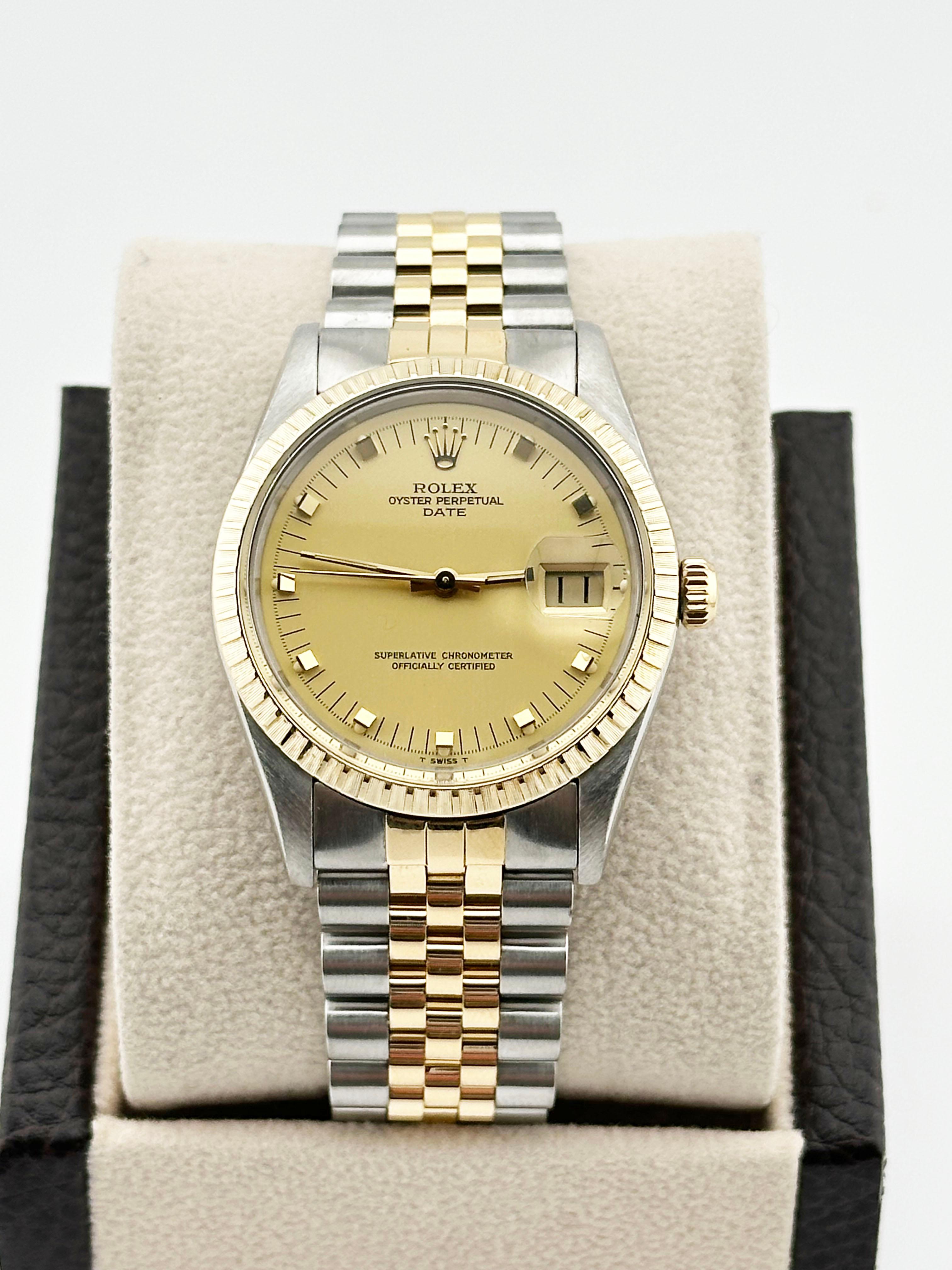 Men's Rolex Date 15053 Champagne Gold Peg Dial 18K Yellow Gold Stainless Steel For Sale
