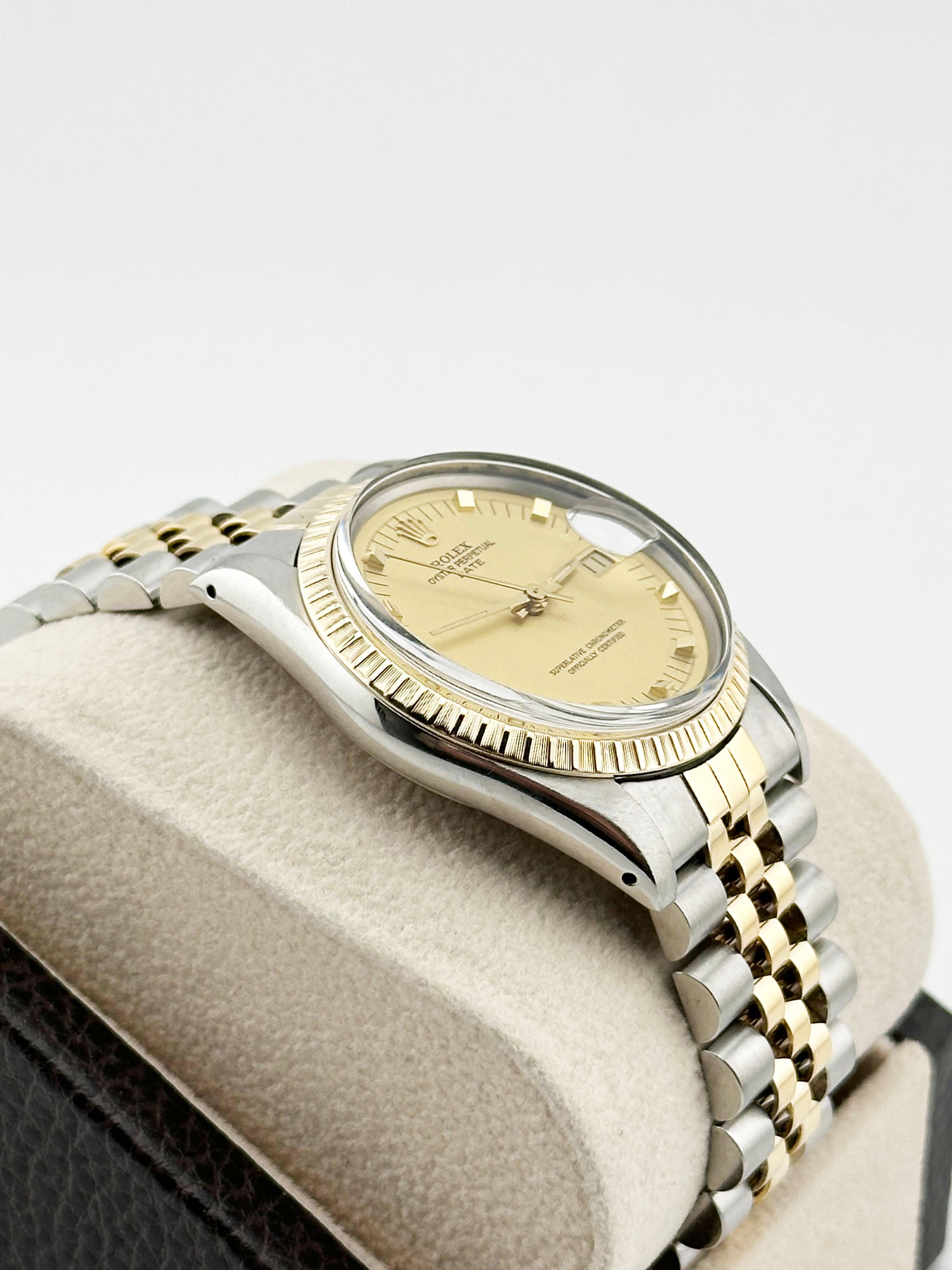 Rolex Date 15053 Champagne Gold Peg Dial 18K Yellow Gold Stainless Steel For Sale 2