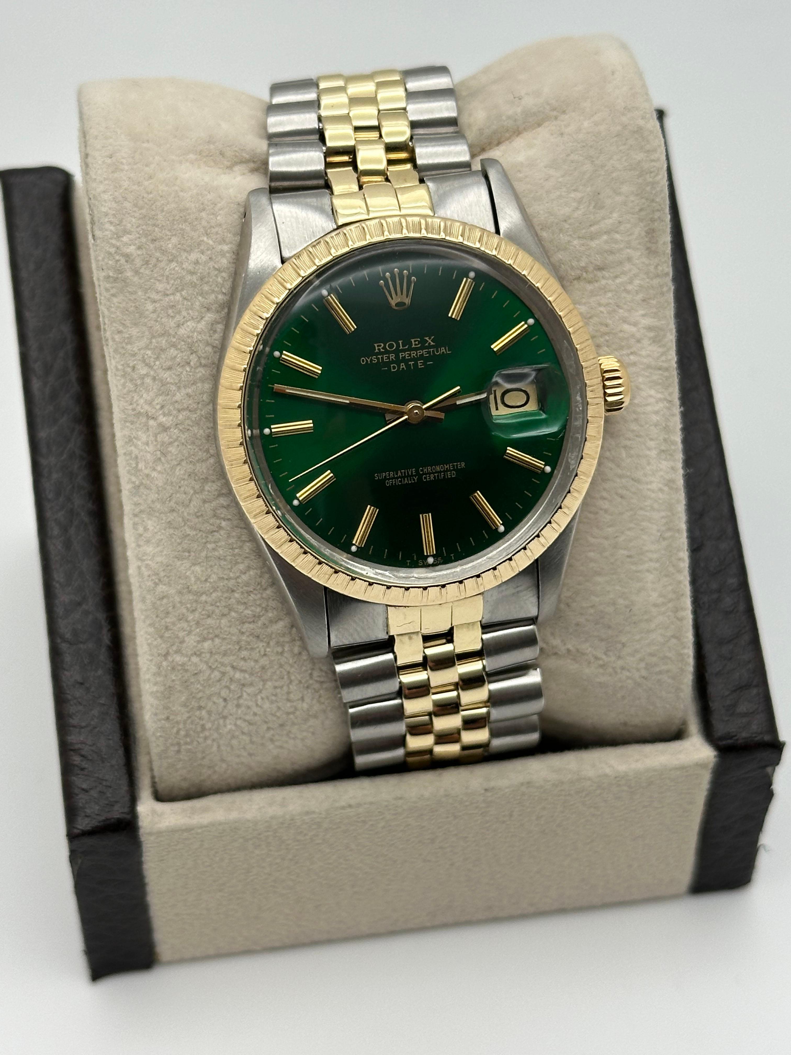 Style Number: 15053



Serial: 7041***



Year: 1981

 

Model: Rolex Date

 

Case Material: Stainless Steel 

 

Band: 18K Yellow Gold & Stainless Steel 

 

Bezel: 18K Yellow Gold Fluted Bezel 

 

Dial:  Custom Green Dial 

 

Face: Acrylic

