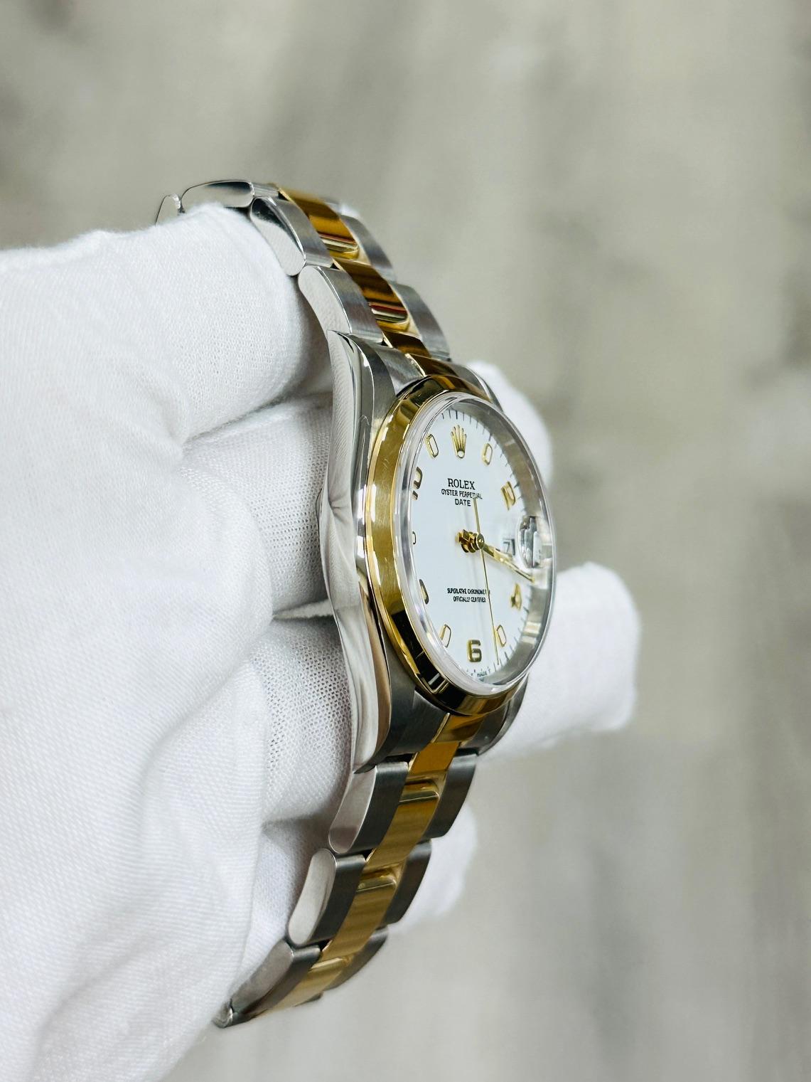Rolex Date 15203 34mm weißes arabisches Zifferblatt 18K Gold Edelstahl Box Papier im Angebot 1