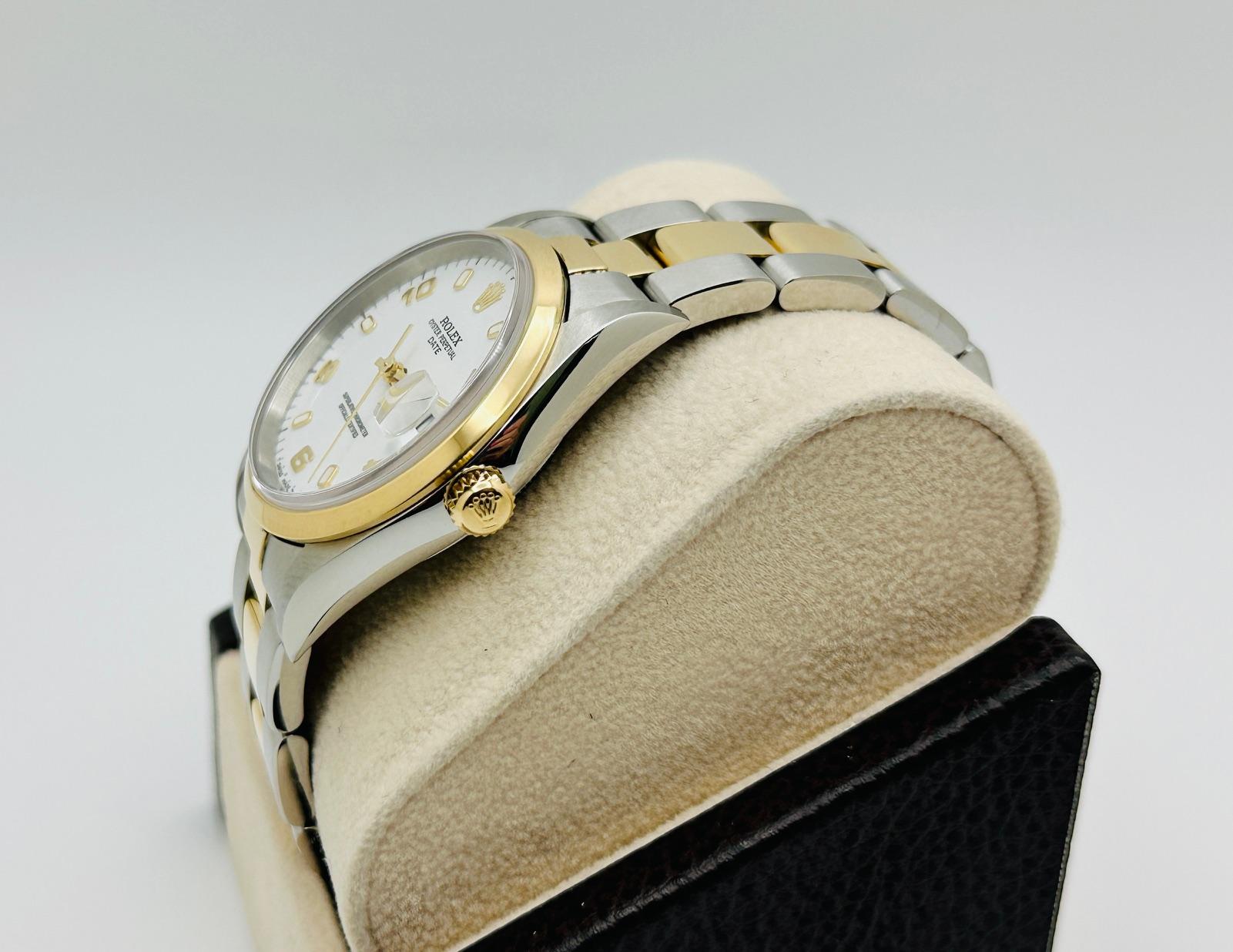 Rolex Date 15203 34mm weißes arabisches Zifferblatt 18K Gold Edelstahl Box Papier im Angebot 2