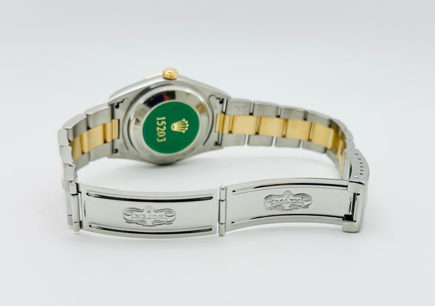 Rolex Date 15203 34mm weißes arabisches Zifferblatt 18K Gold Edelstahl Box Papier im Angebot 3