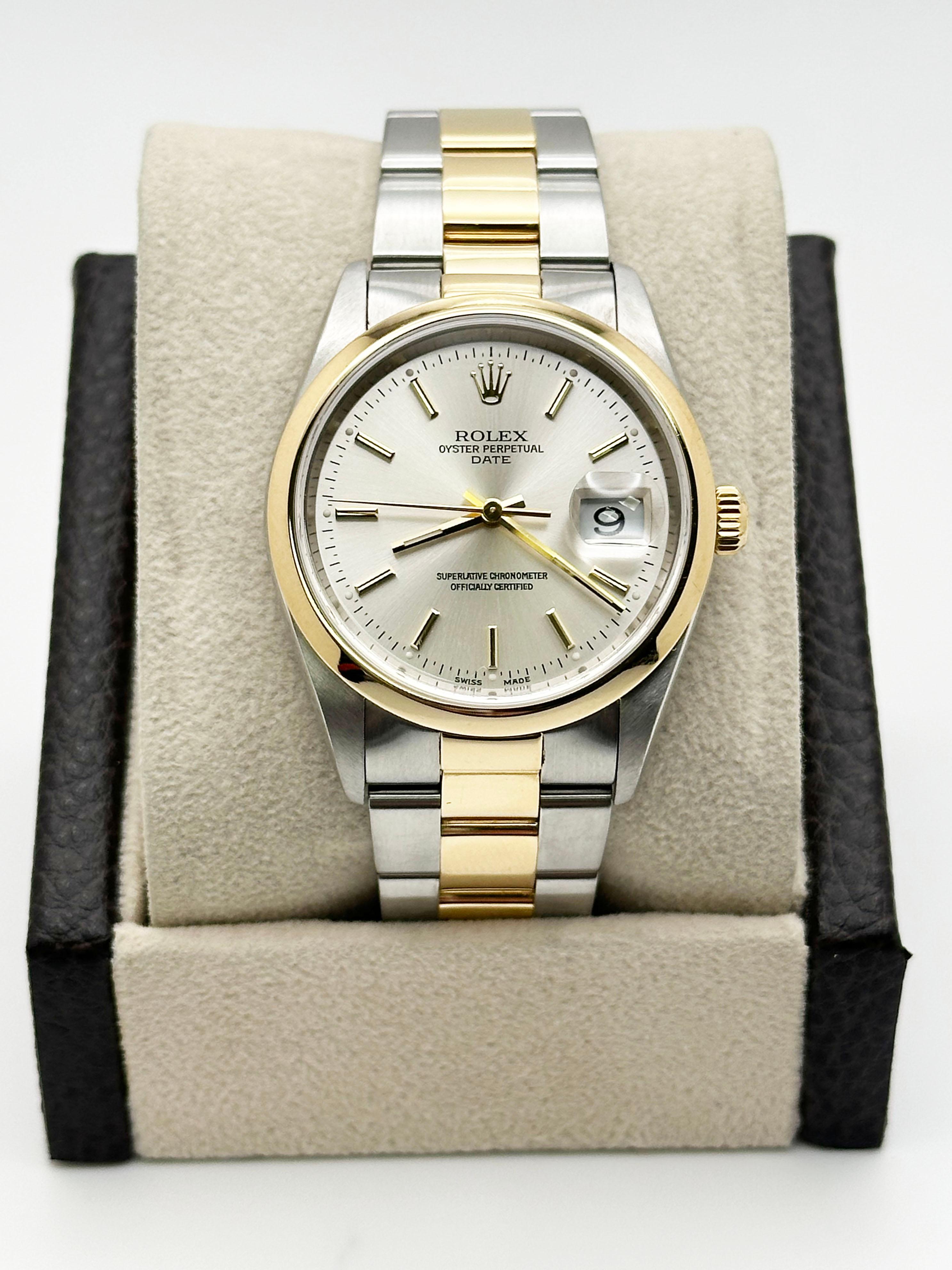 Uomo Rolex Date 15203 Quadrante argento Oro giallo 18 carati Acciaio inossidabile Scatola Carta 34mm in vendita