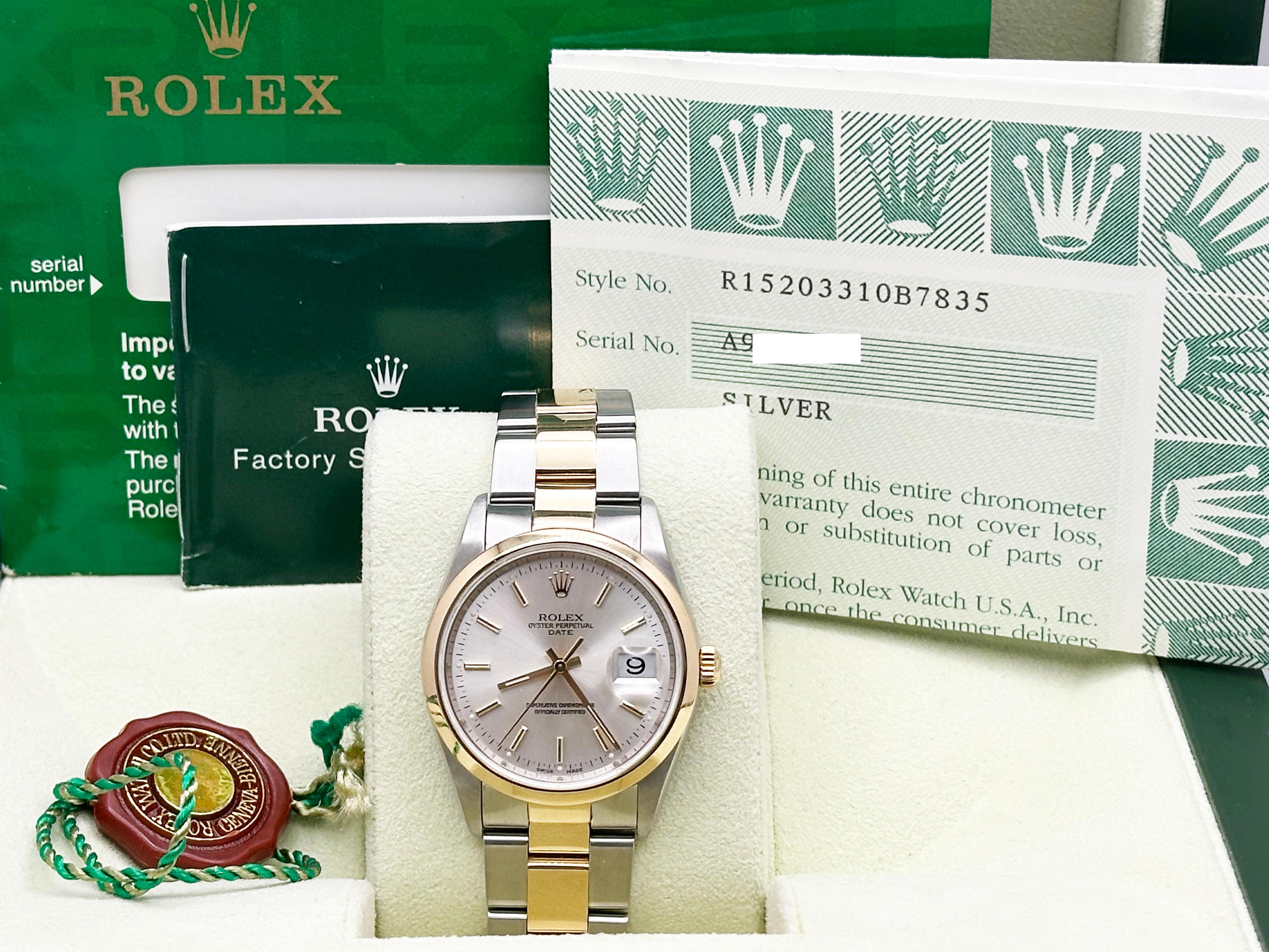 Rolex Date 15203 Quadrante argento Oro giallo 18 carati Acciaio inossidabile Scatola Carta 34mm in vendita 4