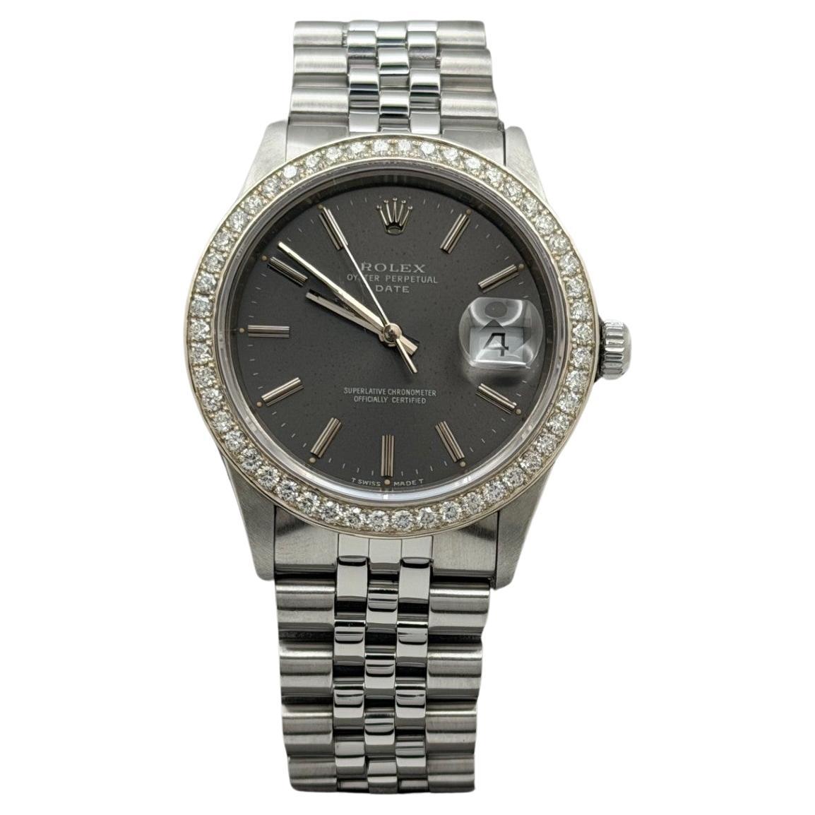 Rolex Date 15210 34mm Graues Zifferblatt Diamant Lünette Edelstahl Jubilee im Angebot