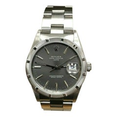 Rolex Date 15210 Stainless Steel Turned Engine Bezel Gray Dial Box and Booklets