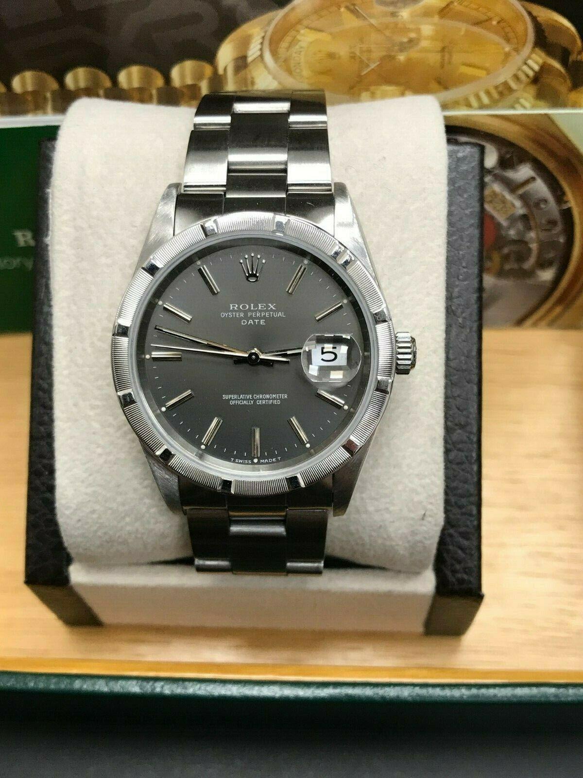 Style Number: 15210

 

Serial: 4455***



Model: Date

 

Case Material: Stainless Steel

 

Band: Stainless Steel

 

Bezel:  Stainless Steel

 

Dial: Gray

 

Face: Sapphire Crystal

 

Case Size: 34mm

 

Includes: 

-Rolex Box &
