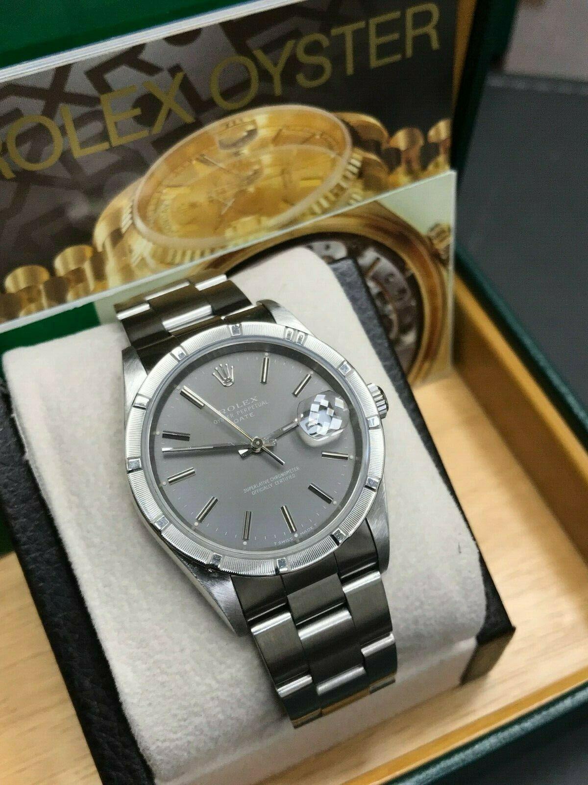 Rolex Date 15210 Stainless Steel Turned Engine Bezel Gray Dial Box and Booklets In Excellent Condition In San Diego, CA