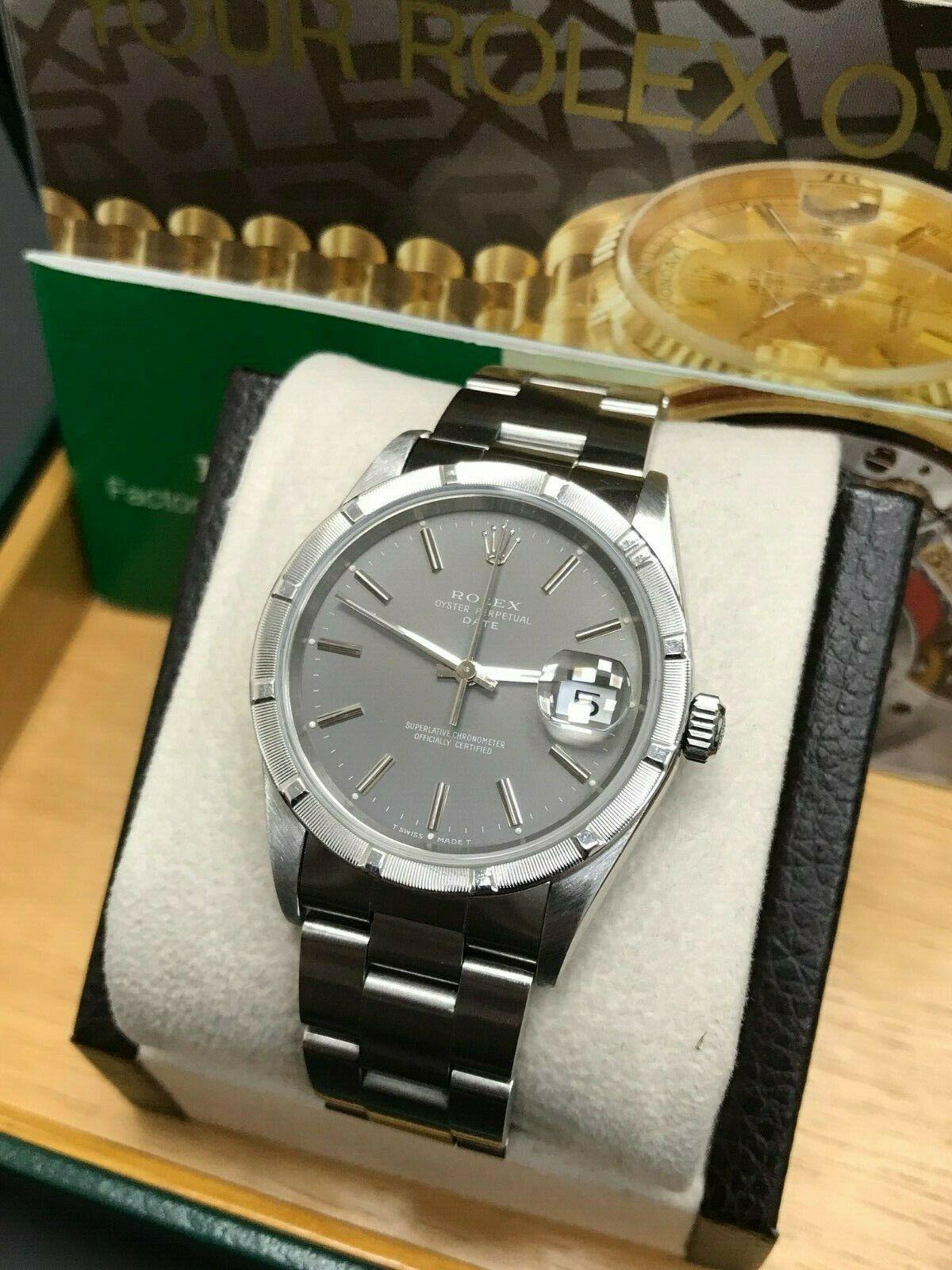 Men's Rolex Date 15210 Stainless Steel Turned Engine Bezel Gray Dial Box and Booklets
