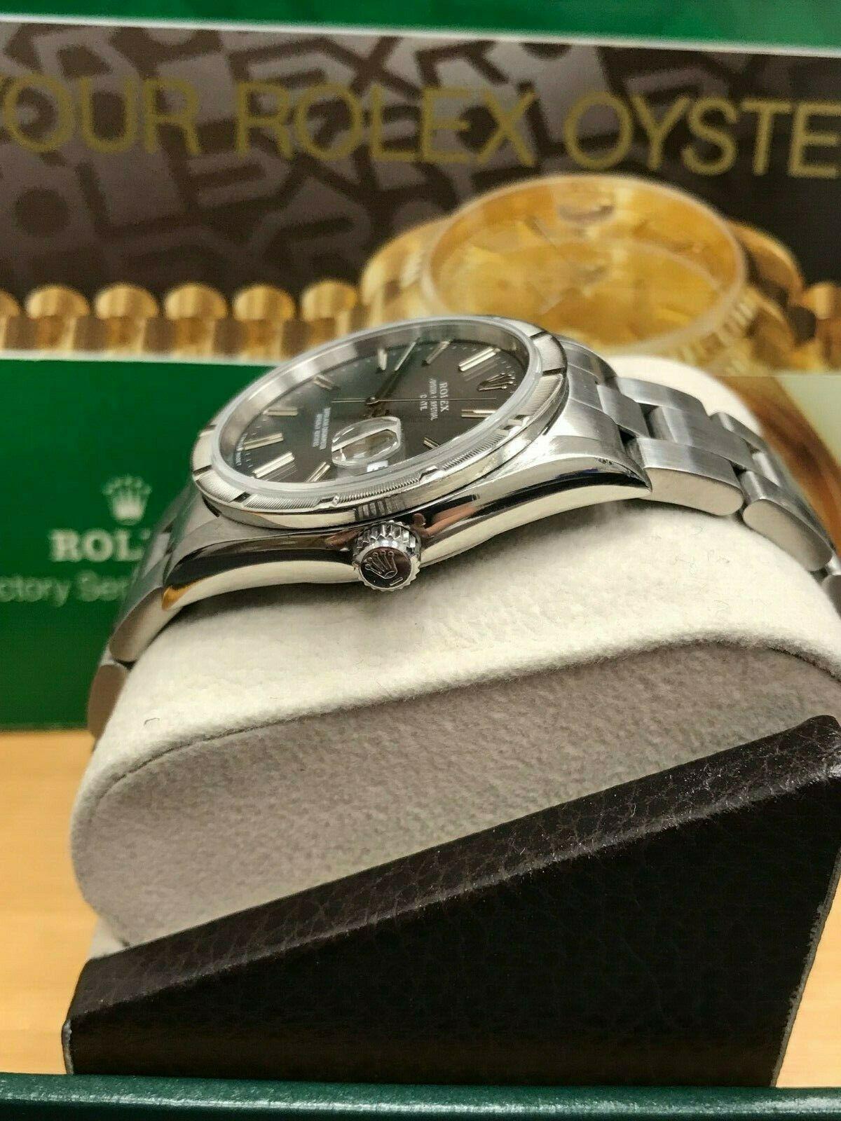 Rolex Date 15210 Stainless Steel Turned Engine Bezel Gray Dial Box and Booklets 2