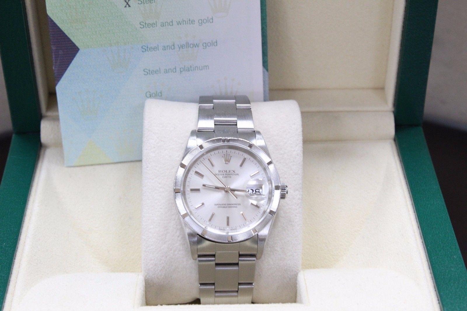 Rolex Date 15210 Stainless Steel Turned Engine Bezel Silver Dial Box and Papers In Excellent Condition In San Diego, CA