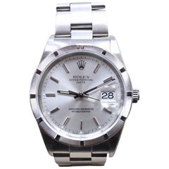 Rolex Date 15210 Stainless Steel Turned Engine Bezel Silver Dial Box and Papers