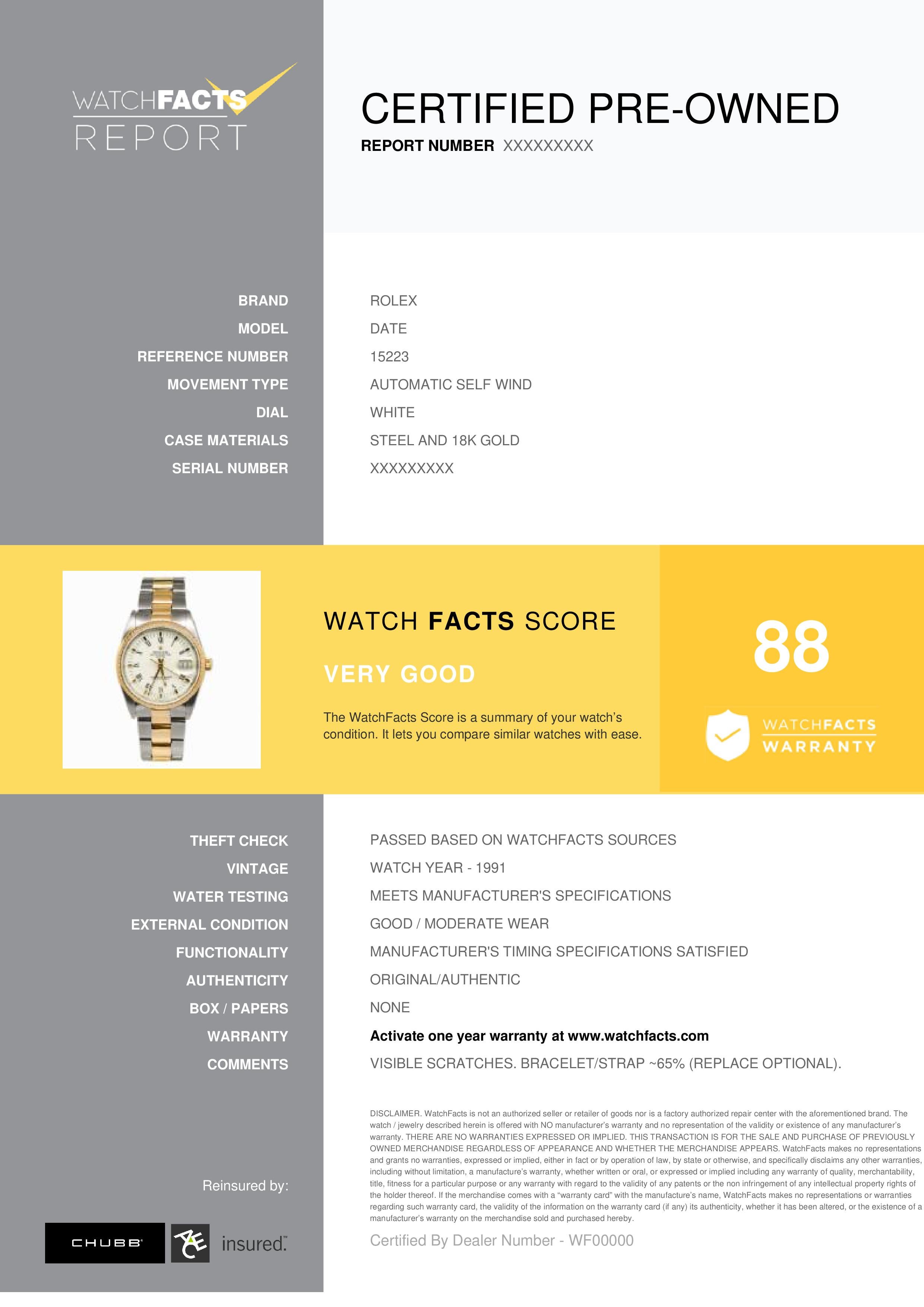 Rolex Date Reference #: 15223. Mens Automatic Self Wind Watch Steel and 18k Gold White 34 MM. Verified and Certified by WatchFacts. 1 year warranty offered by WatchFacts.
