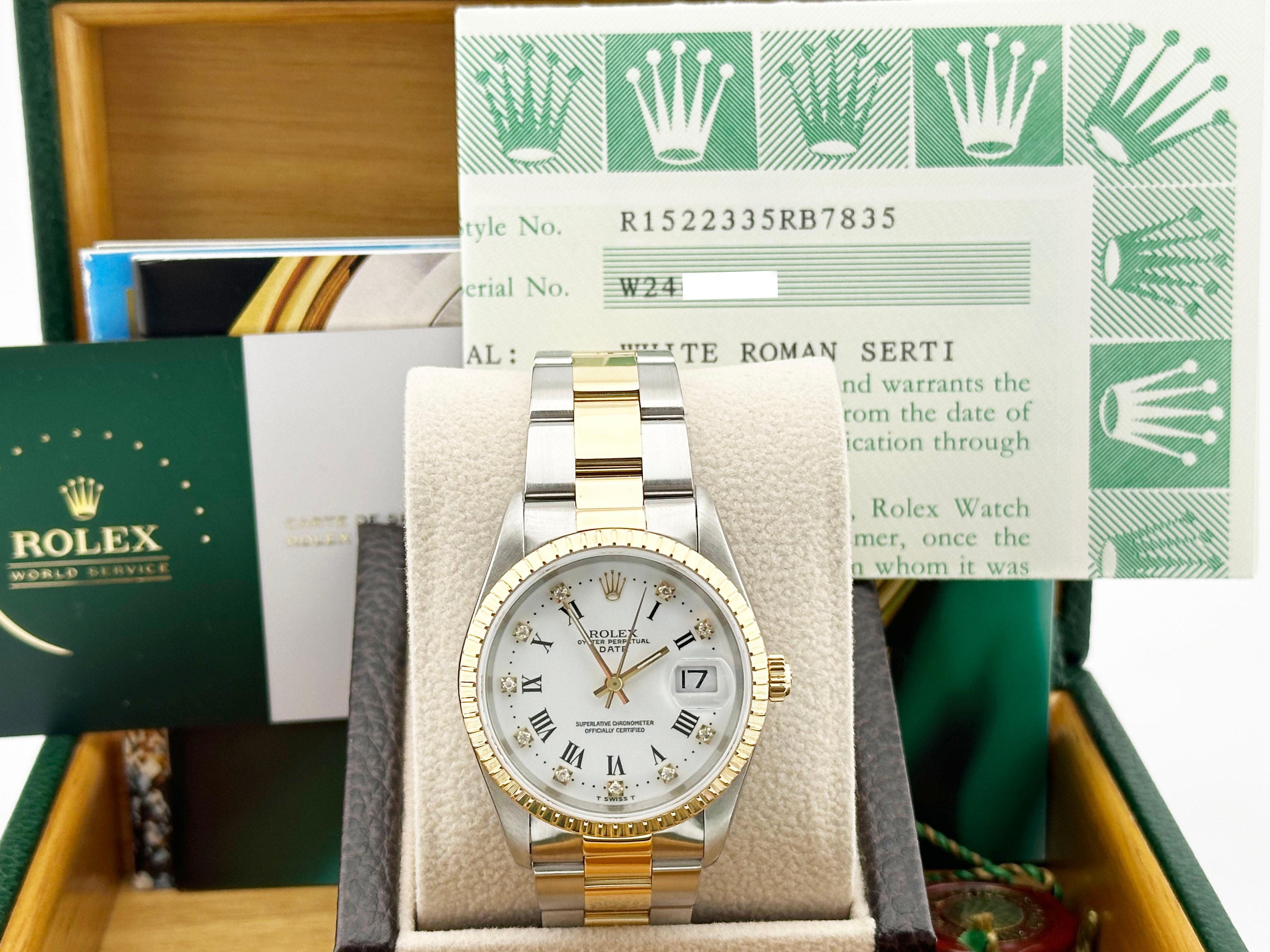 Style Number: 15223


Serial: W240***


Year: 1999


Model: Rolex Date 


Case Material: Stainless Steel 


Band: 18K Yellow Gold & Stainless Steel 


Bezel: 18K Yellow Gold 


Dial: White Diamond Roman Dial 


Face: Sapphire Crystal 


Case Size: