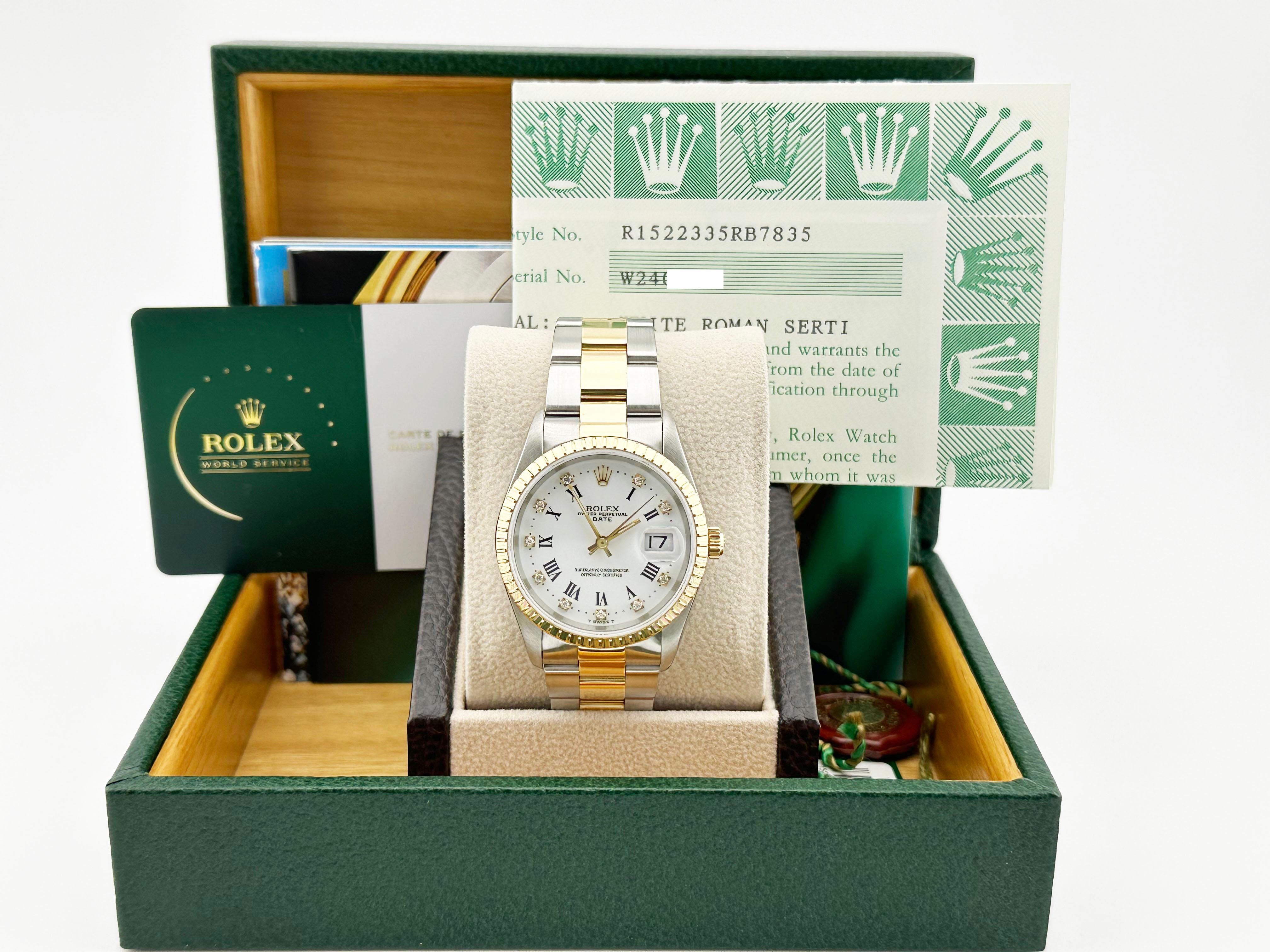 Rolex Date 15223 White Diamond Dial 18K Gold Steel Box Paper 2024 Service Card In Excellent Condition In San Diego, CA