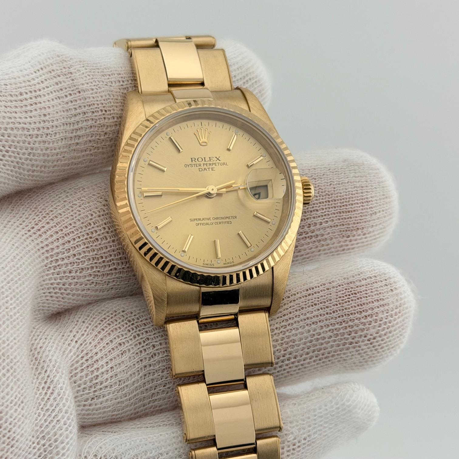 Rolex Date 15238 34mm Esfera Champán Oro Amarillo 18k Caja Oyster Papel 2002 en venta 9