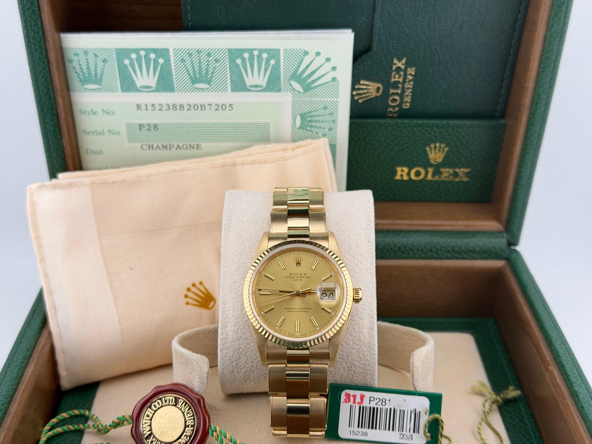 Rolex Date 15238 34mm Esfera Champán Oro Amarillo 18k Caja Oyster Papel 2002 en venta 10