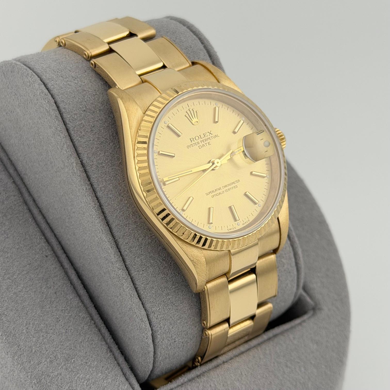 De los hombres Rolex Date 15238 34mm Esfera Champán Oro Amarillo 18k Caja Oyster Papel 2002 en venta