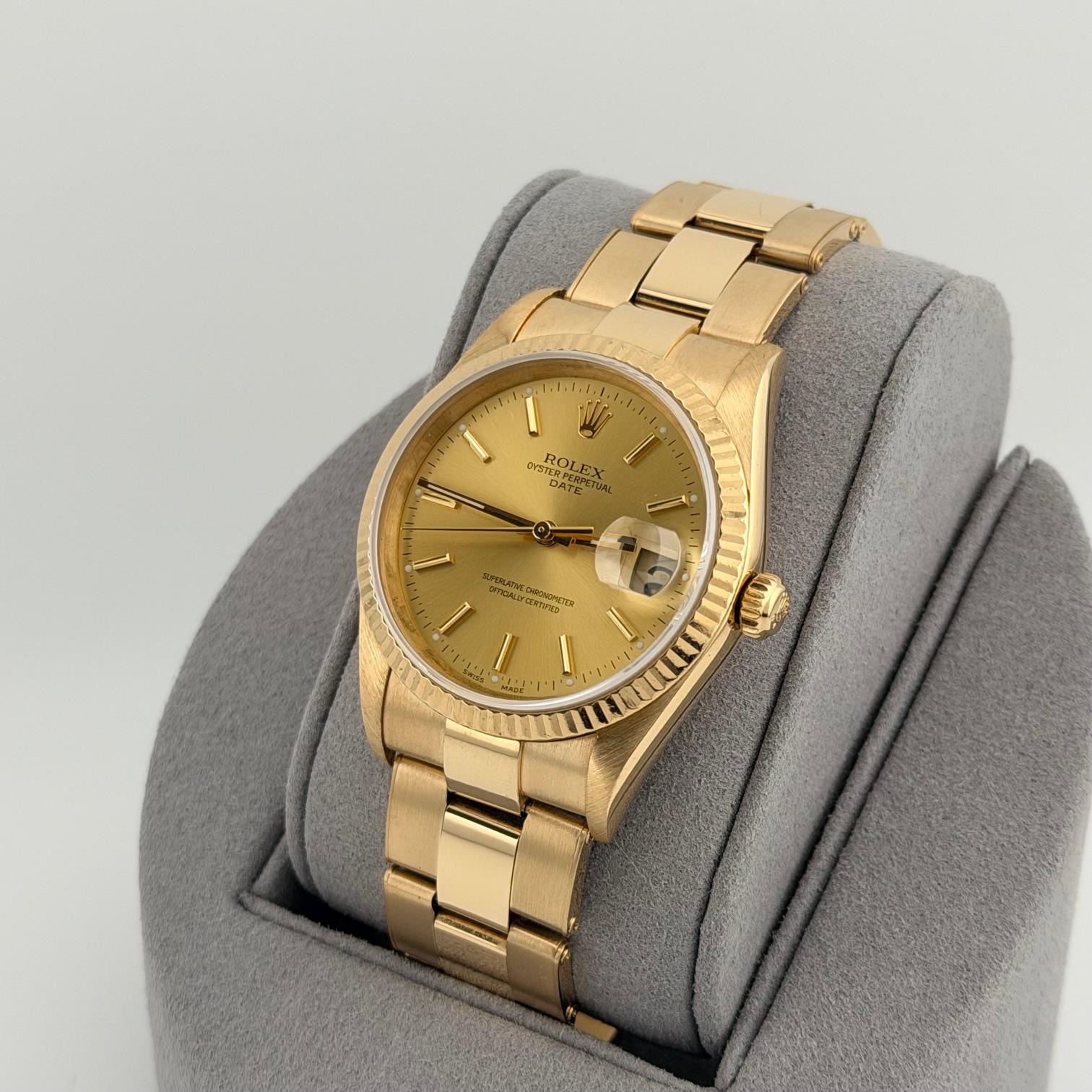 Rolex Date 15238 34mm Esfera Champán Oro Amarillo 18k Caja Oyster Papel 2002 en venta 1