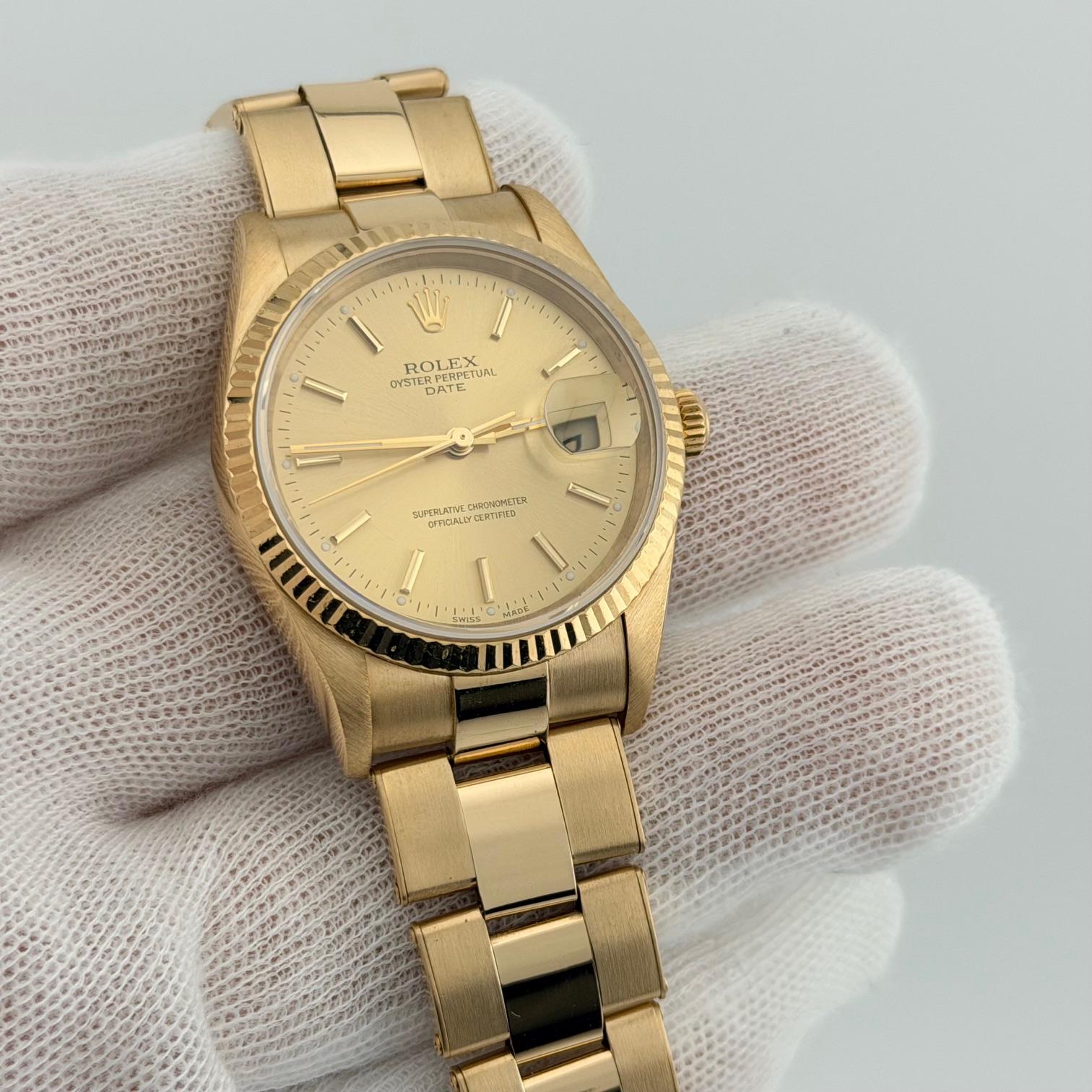 Rolex Date 15238 34mm Esfera Champán Oro Amarillo 18k Caja Oyster Papel 2002 en venta 2