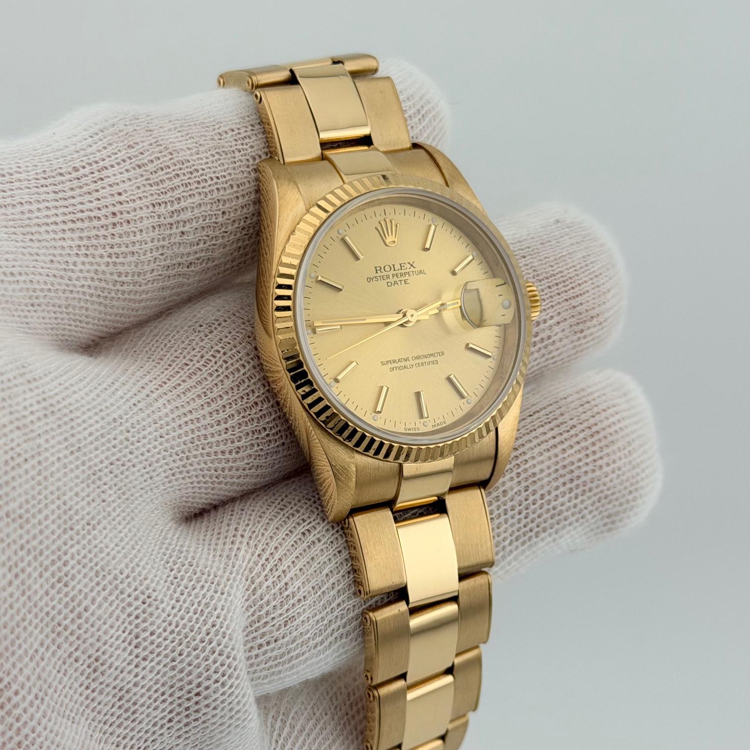 Rolex Date 15238 34mm Esfera Champán Oro Amarillo 18k Caja Oyster Papel 2002 en venta 3