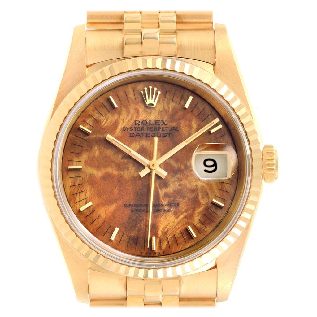 Rolex Date 18 Karat Yellow Gold Burl Wood Dial Men's Watch 16238 Box Papers