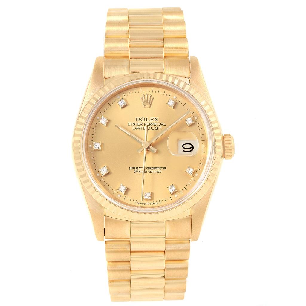 Rolex Date 18k Yellow Gold Diamond Dial Automatic Mens Watch 16238. Officially certified chronometer self-winding movement. 18k yellow gold case 34.0 mm in diameter. Rolex logo on a crown. 18k yellow gold fluted bezel. Scratch resistant sapphire