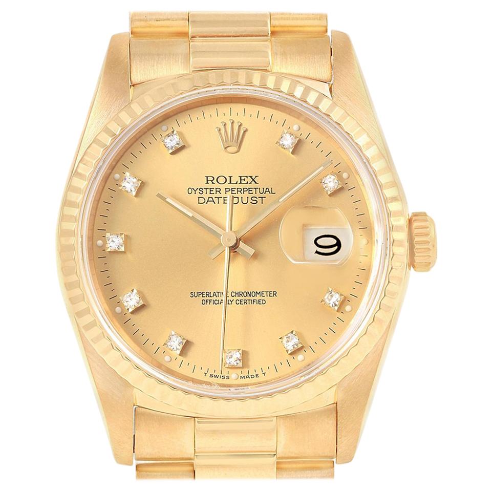 Rolex Date 18 Karat Yellow Gold Diamond Dial Automatic Men’s Watch 16238 For Sale