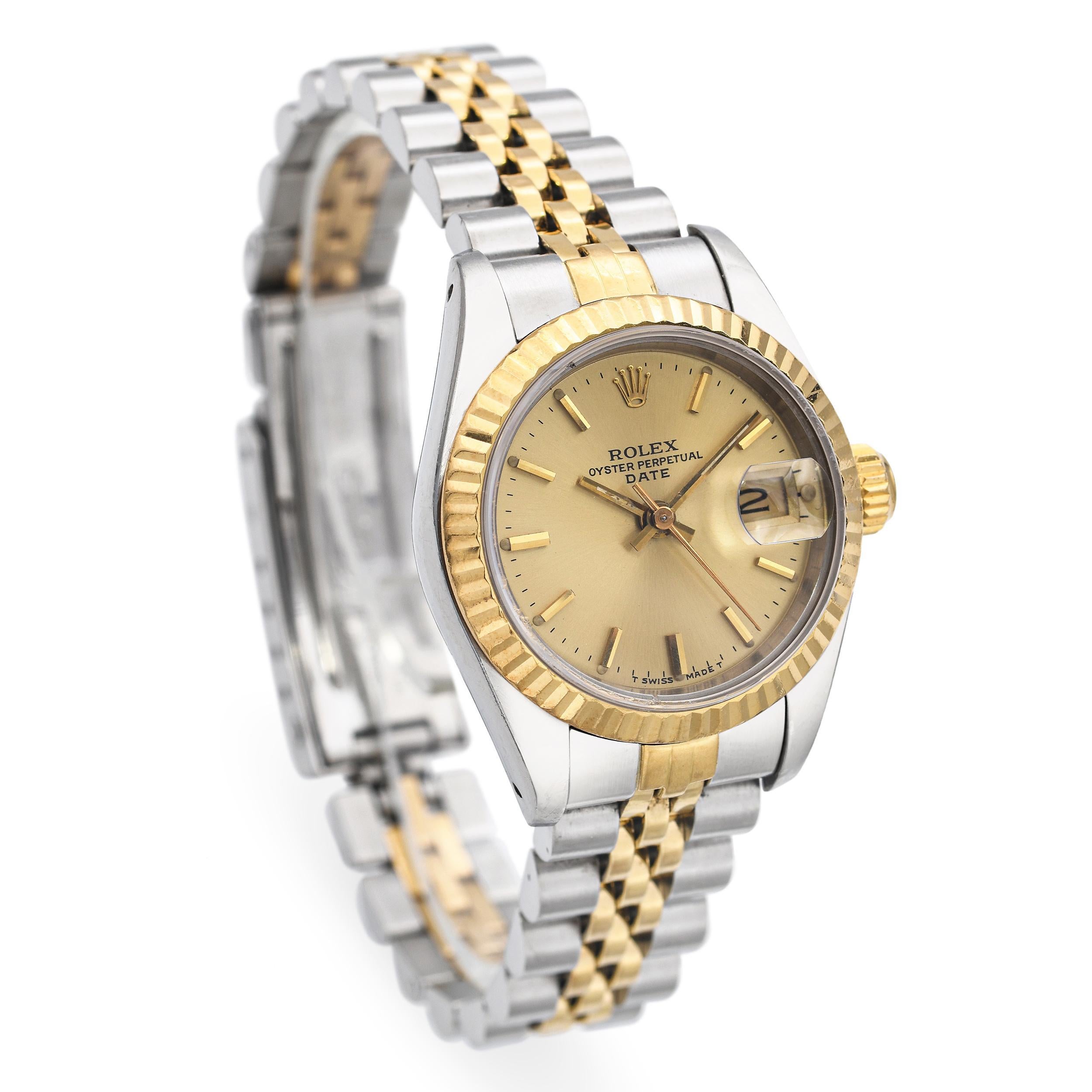 Rolex Date 18K Gold Steel Champagne Dial Automatic Women's Watch Bon état à New York, NY