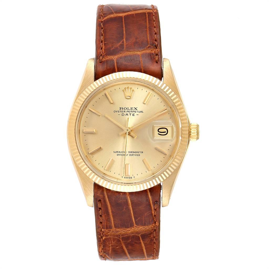 Rolex Date 18K Yellow Gold Automatic Vintage Mens Watch 1503. Officially certified chronometer automatic self-winding movement. 18k yellow gold case 34.0 mm in diameter. Rolex logo on a crown. 18k yellow gold fluted bezel. Acrylic crystal with