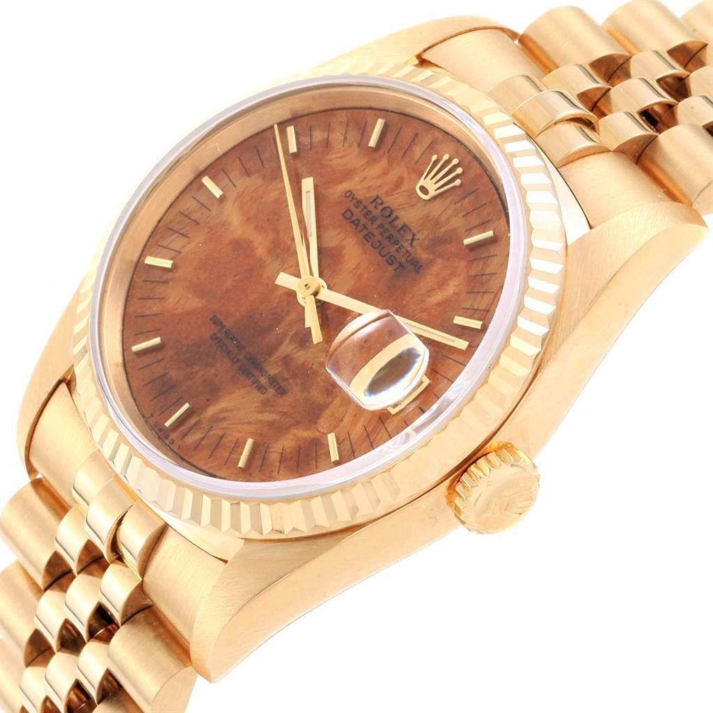 Rolex Date 18 Karat Yellow Gold Burl Wood Dial Men's Watch 16238 Box Papers In Excellent Condition In Atlanta, GA