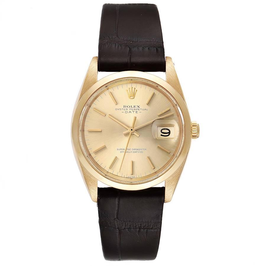 Rolex Date 18k Yellow Gold Champagne Dial Vintage Mens Watch 1500. Officially certified chronometer self-winding movement. 18k yellow gold oyster case 34.0 mm in diameter. Rolex logo on a crown. 18k yellow gold smooth bezel. Acrylic crystal with