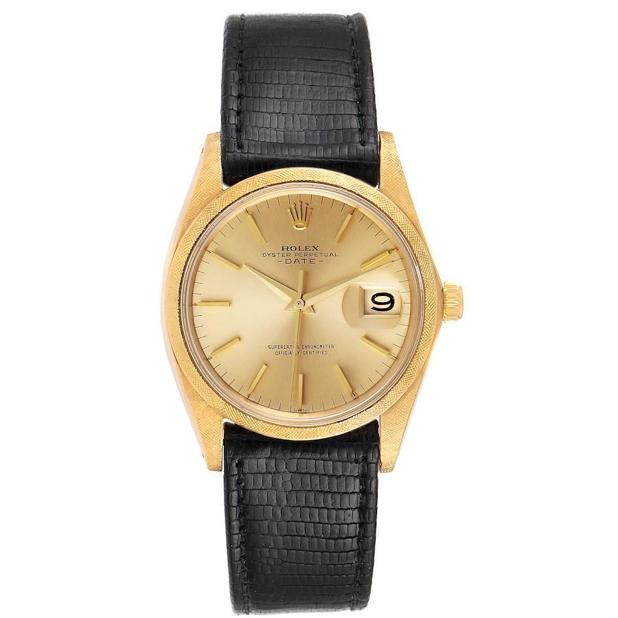 Rolex Date 18k Gelbgold Florentine Finish Vintage Herrenuhr 1502. Offiziell zertifiziertes Chronometerwerk mit automatischem Aufzug. Oyster-Gehäuse aus 18 Karat Gelbgold mit einem Durchmesser von 35,0 mm. Florentiner Ausführung der Stollen. Rolex
