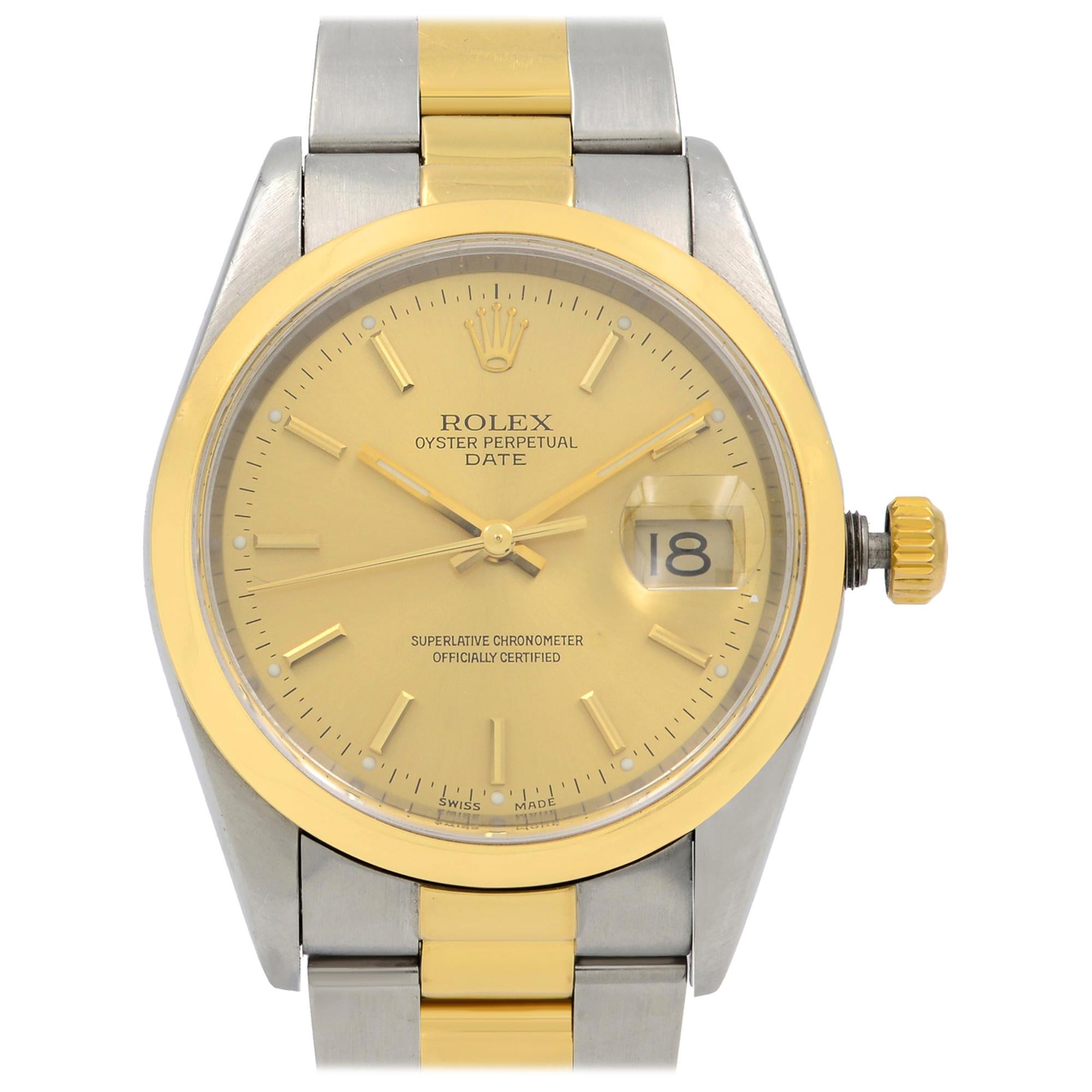 Rolex Date 18K Yellow Gold Steel Champagne Dial Automatic Unisex Watch 15223