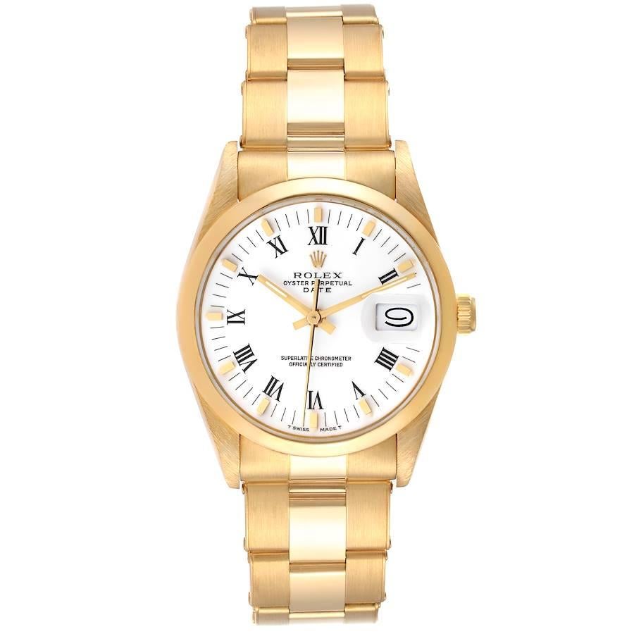 Rolex Date 18k Yellow Gold White Roman Dial Vintage Mens Watch 15008. Officially certified chronometer self-winding movement. 18k yellow gold case 34 mm in diameter. Rolex logo on a crown. 18k yellow gold smooth bezel. Acrylic crystal with cyclops
