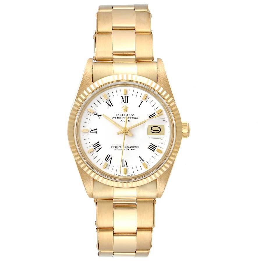 Rolex Date 18k Gelbgold weißes römisches Zifferblatt Vintage Herrenuhr 15038. Offiziell zertifiziertes Chronometerwerk mit automatischem Aufzug. Gehäuse aus 18 Karat Gelbgold mit einem Durchmesser von 34 mm.  Rolex Logo auf einer Krone. Geriffelte