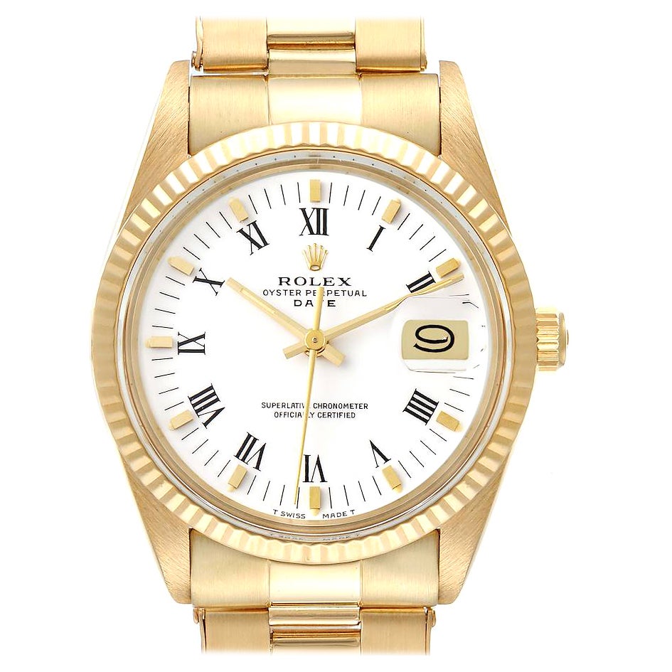 Rolex Date 18k Gelbgold Weißes römisches Zifferblatt Vintage Herrenuhr 15038 im Angebot