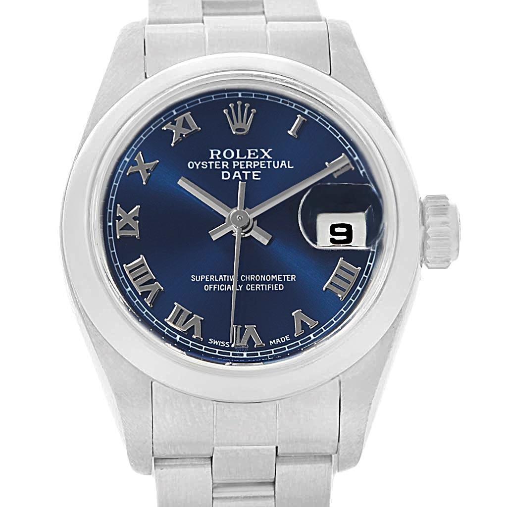 Rolex Date 26 Blue Dial Oyster Bracelet Ladies Watch 79160. Officially certified chronometer automatic self-winding movement. Stainless steel oyster case 25 mm in diameter. Rolex logo on a crown. Stainless steel smooth bezel. Scratch resistant