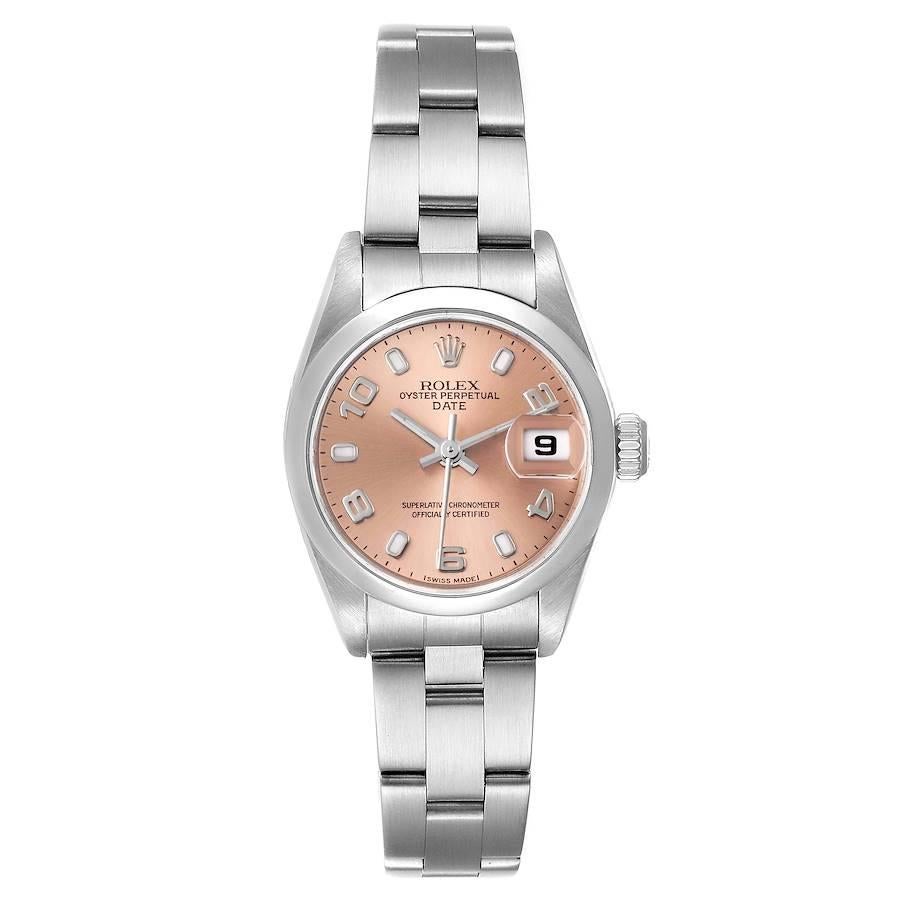 Rolex Date 26 Salmon Dial Domed Bezel Steel Ladies Watch 79160 Box Papers. Officially certified chronometer automatic self-winding movement. Stainless steel oyster case 26 mm in diameter. Rolex logo on the crown. Stainless steel smooth bezel.