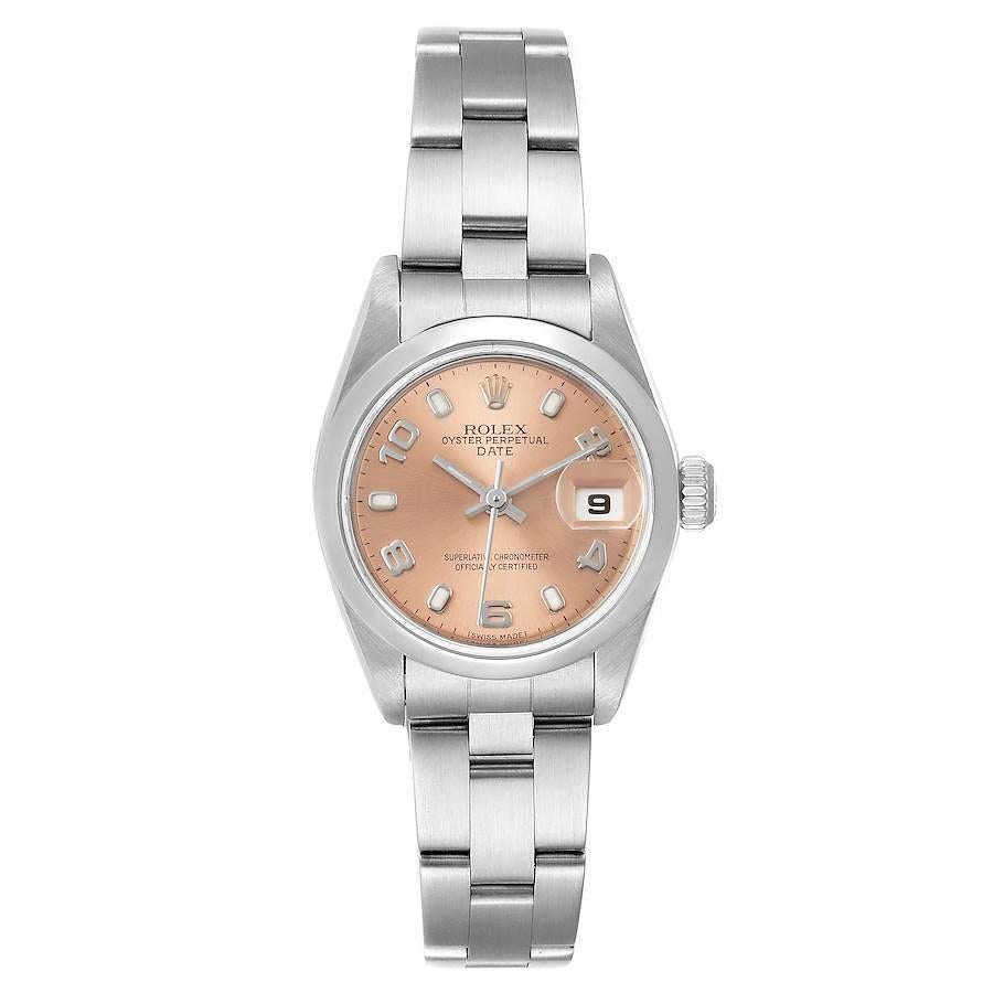 Rolex Date 26 Salmon Dial Domed Bezel Steel Ladies Watch 79160. Officially certified chronometer self-winding movement. Stainless steel oyster case 25 mm in diameter. Rolex logo on a crown. Stainless steel smooth bezel. Scratch resistant sapphire