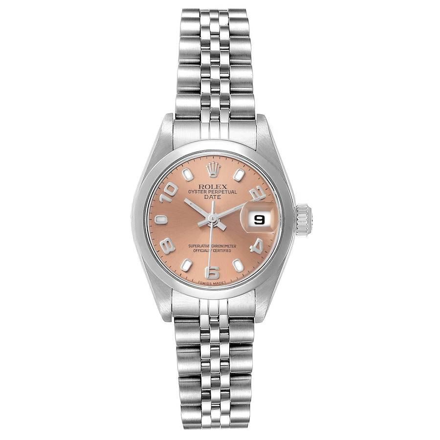 Rolex Date 26 Salmon Dial Domed Bezel Steel Ladies Watch 79160. Officially certified chronometer self-winding movement. Stainless steel oyster case 26 mm in diameter. Rolex logo on a crown. Stainless steel smooth bezel. Scratch resistant sapphire
